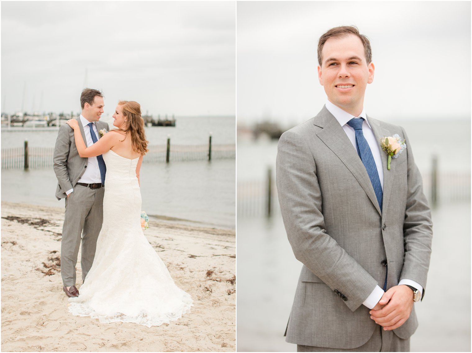 bride and groom portraits on the beach at Brant Beach Yacht Club 