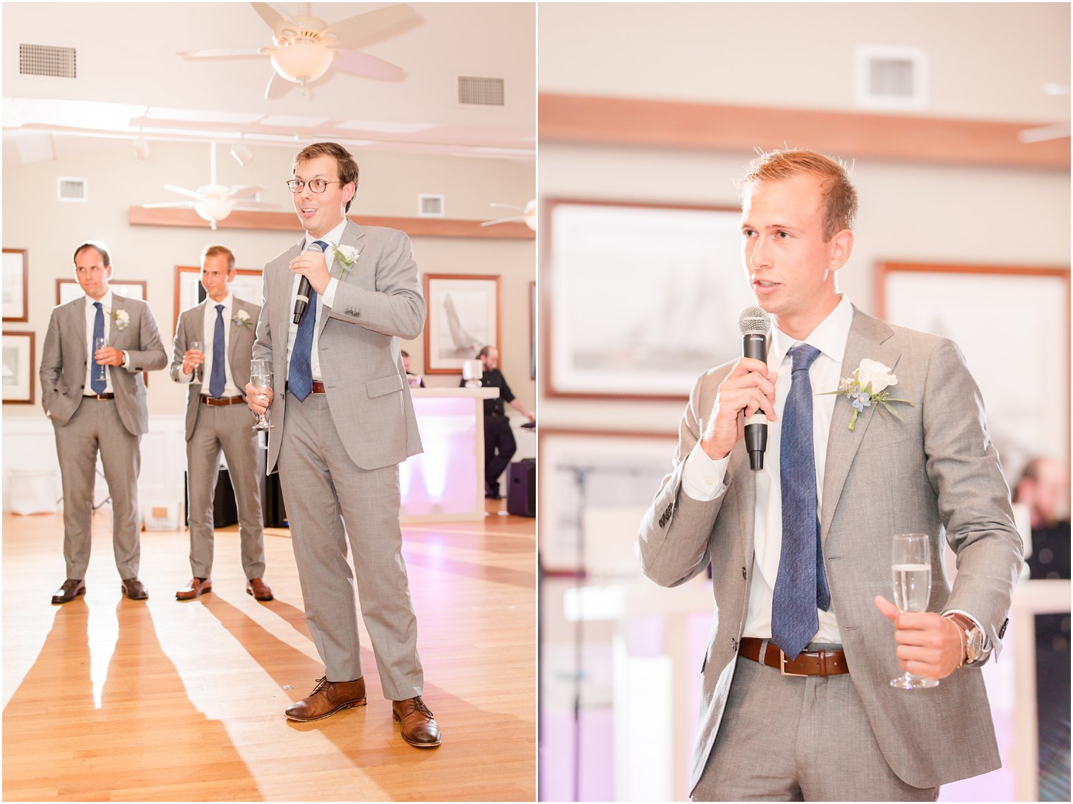 groomsmen give toasts during wedding reception at Brant Beach Yacht Club photographed by Idalia Photography