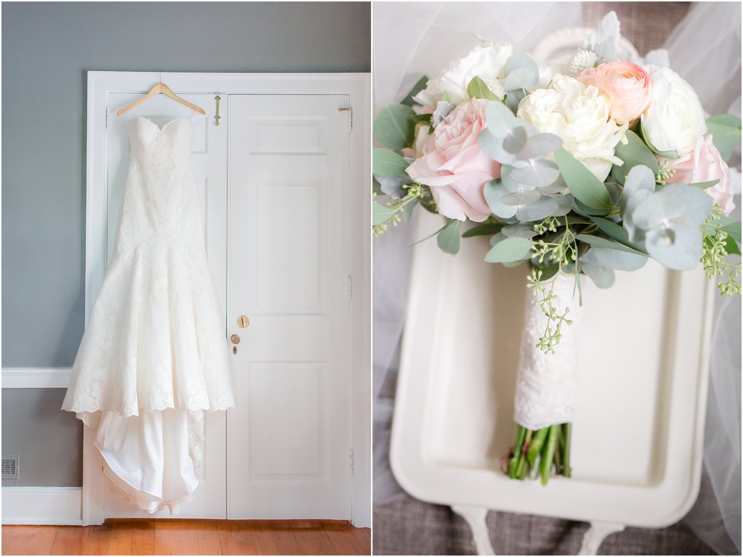 wedding dress and blush rose bouquet by Peonia