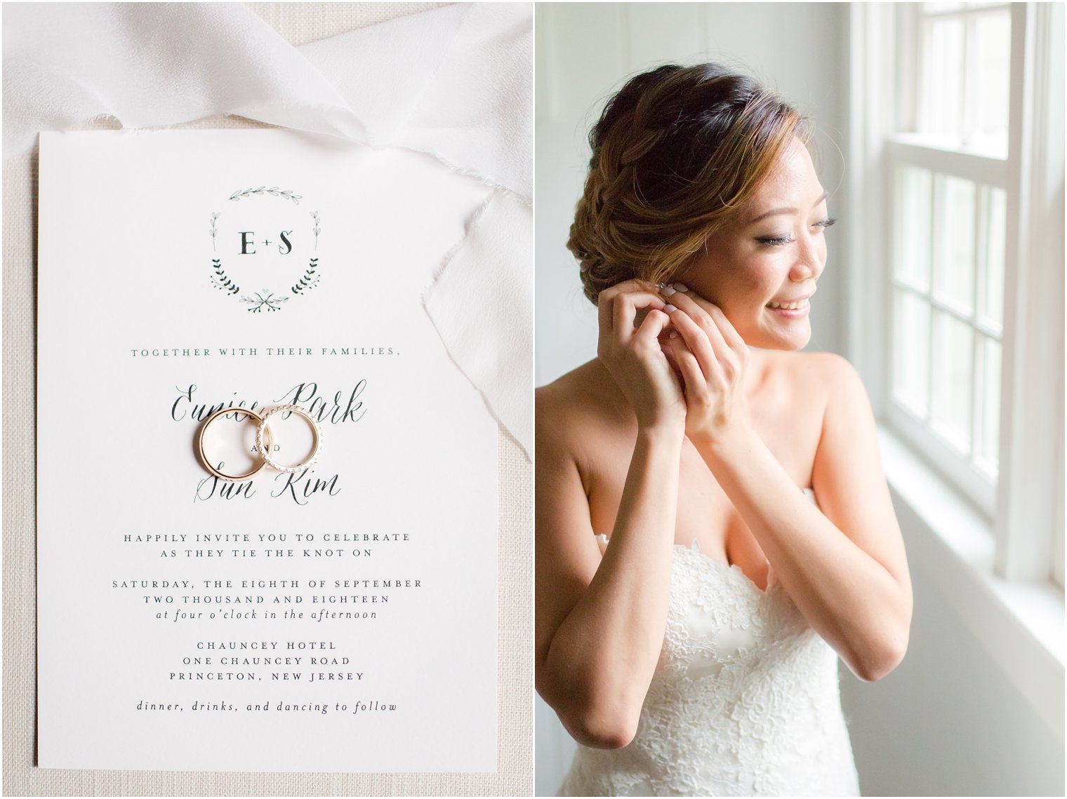 Elegant wedding invitation for Chauncey Hotel wedding by Minted and bride getting ready for wedding day photographed by Idalia Photography
