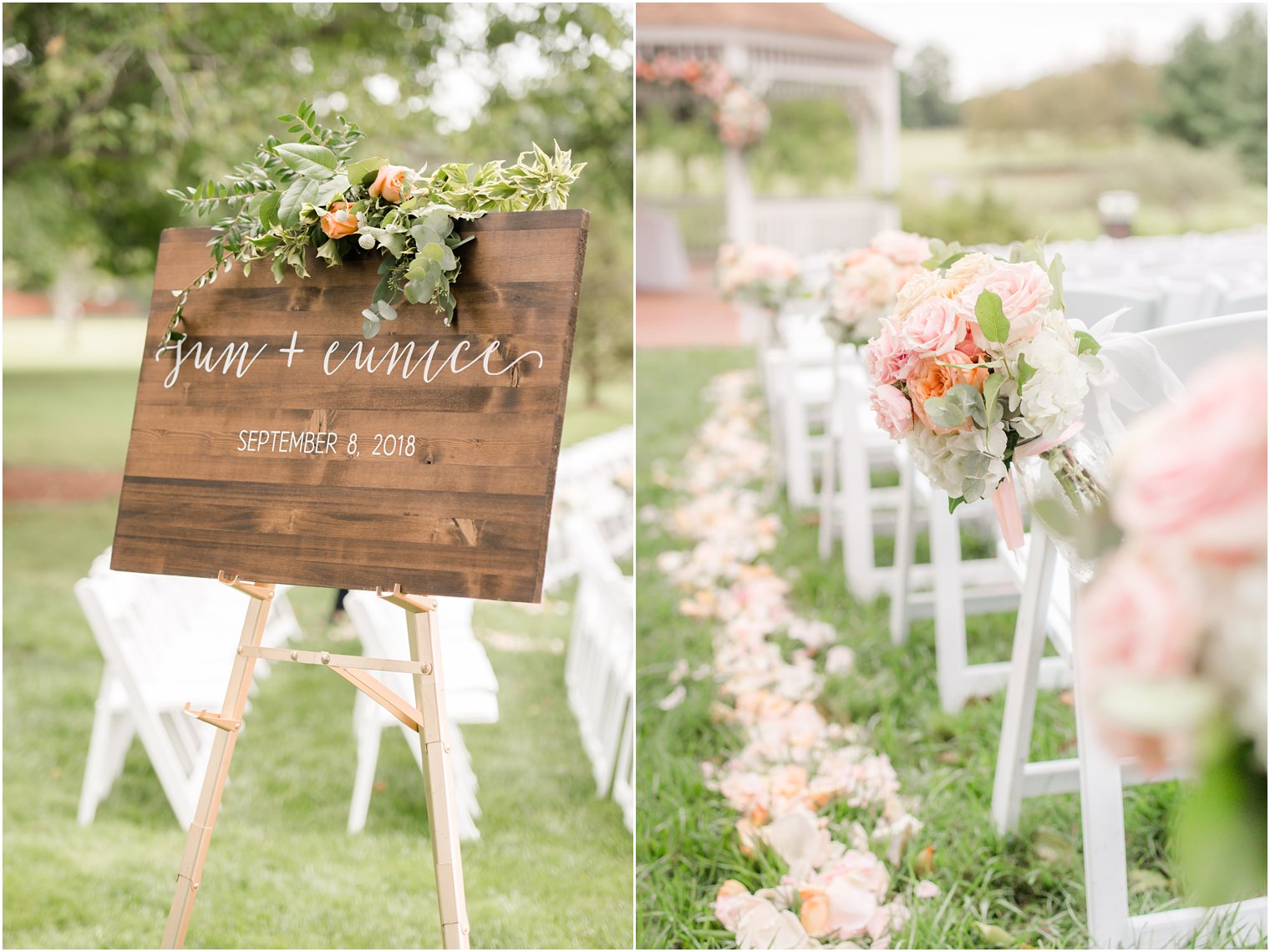 blush and peach florals decorate wedding ceremony at Chauncey Hotel