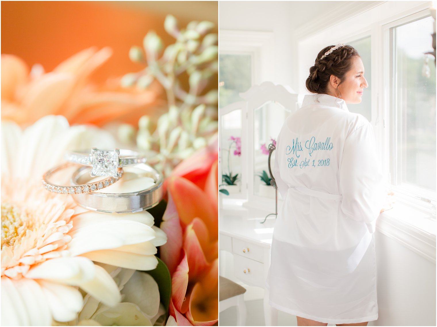 wedding rings on daisy and bride in robe before Lake Mohawk Country Club wedding day