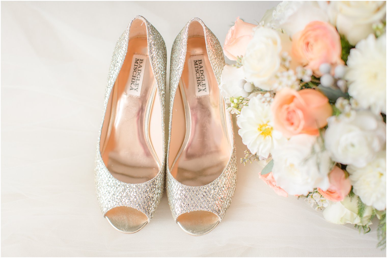 sparkly Badgley Mischka shoes for Lake Mohawk Country Club wedding day photographed by Idalia Photography