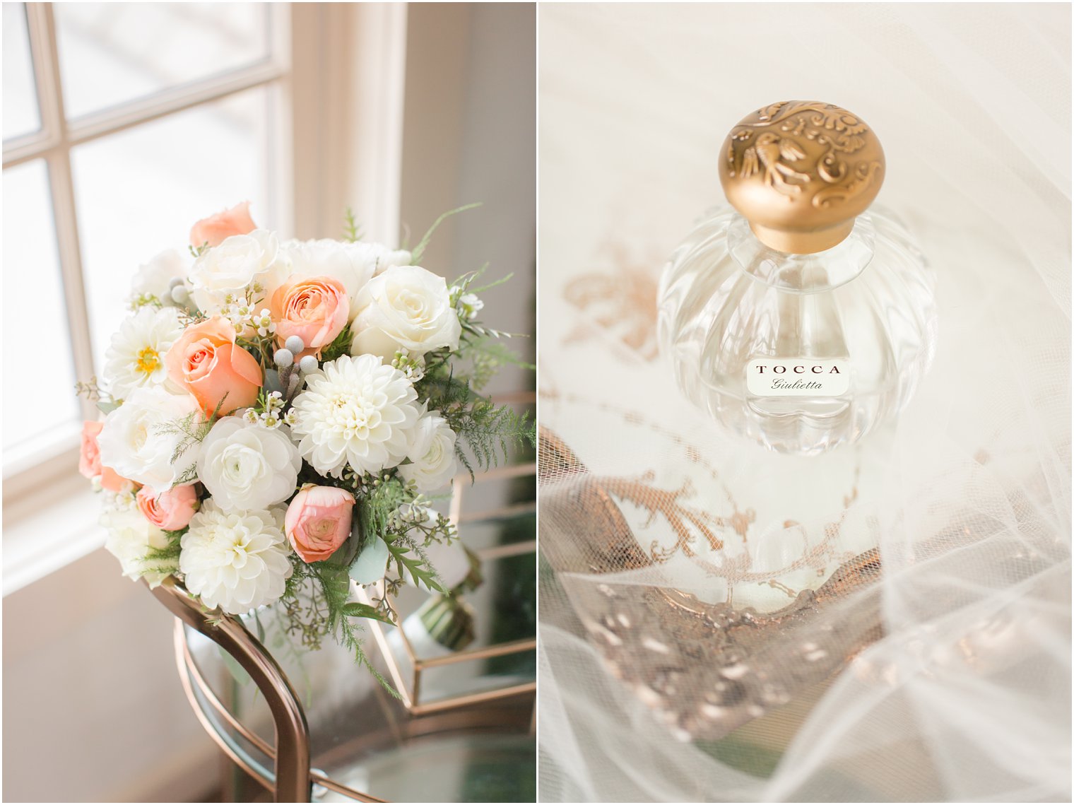 peach rose and white bouquet by Entenmann's Florist photographed by Idalia Photography