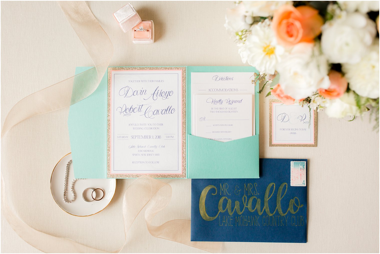 bright teal and navy wedding suite by JLB Papery photographed by Idalia Photography