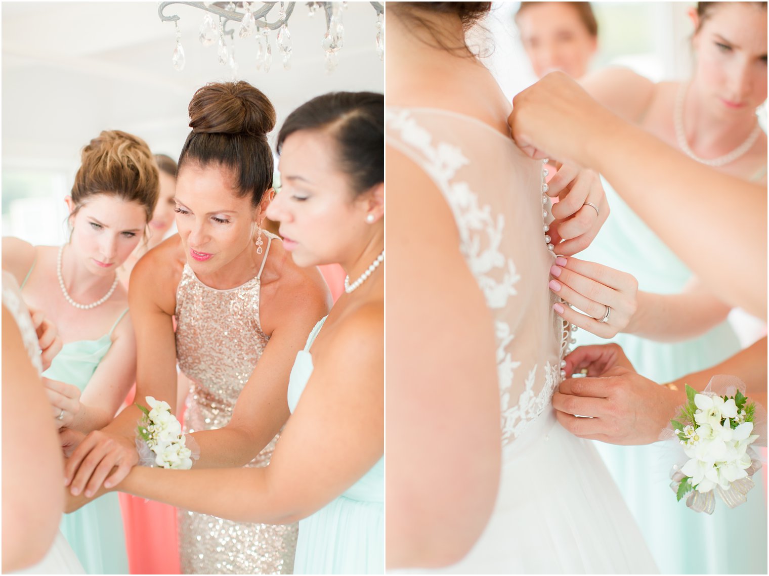bridesmaids help bride lace up Watters wedding gown photographed by Idalia Photography