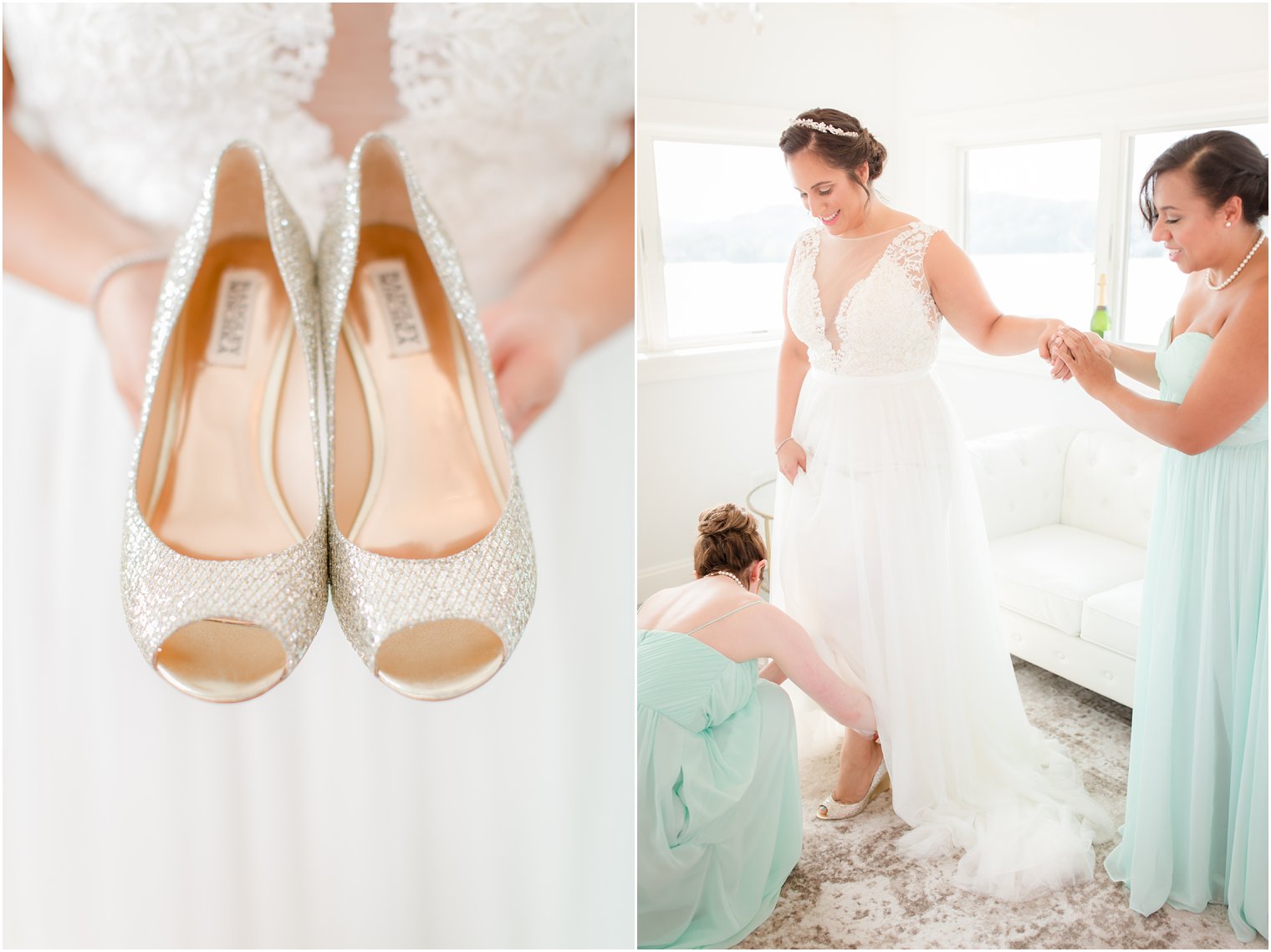 bridesmaids help bride into shoes before Lake Mohawk Country Club wedding day photographed by Idalia Photography