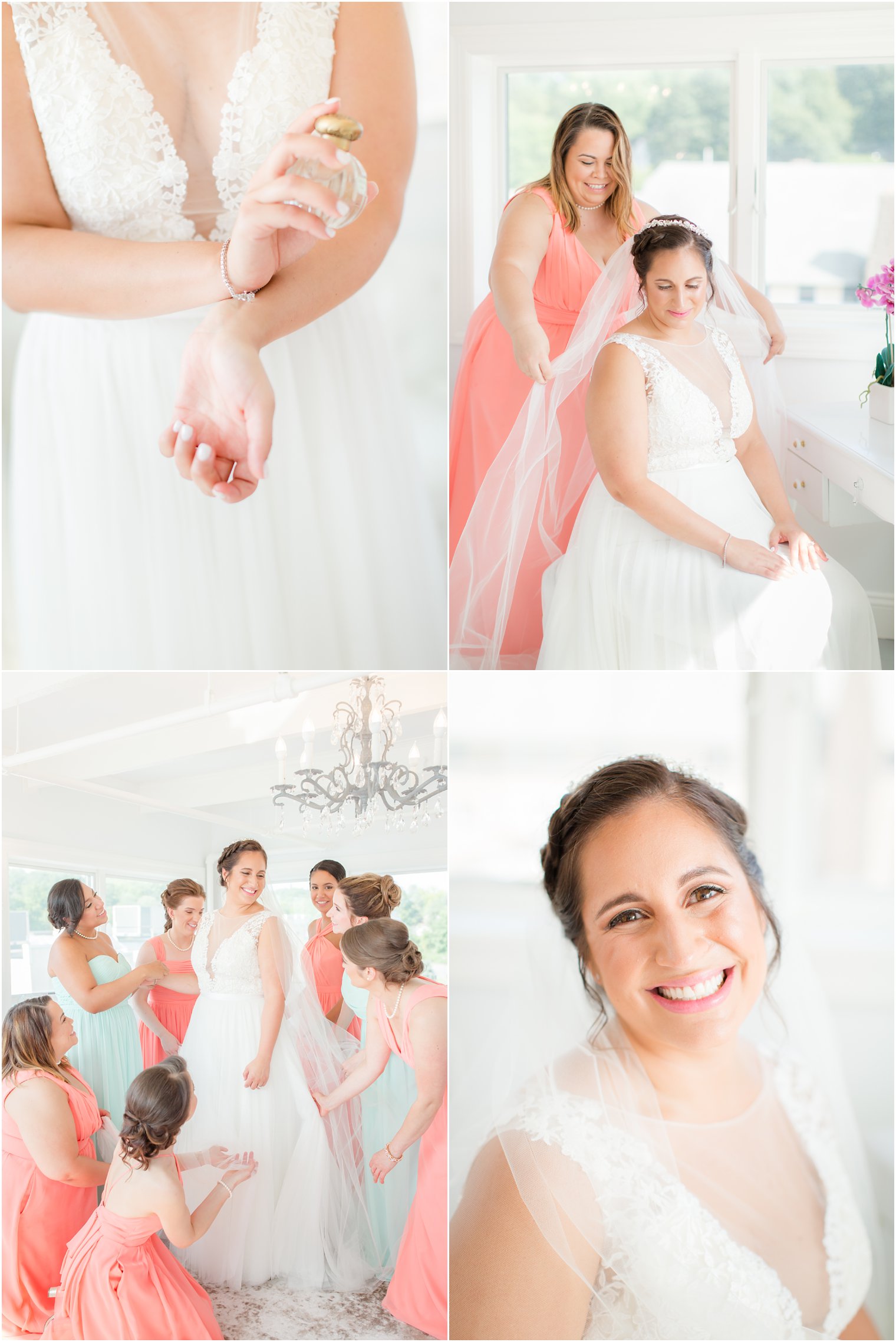 bridesmaids help bride with veil and finishing touches photographed by Idalia Photography