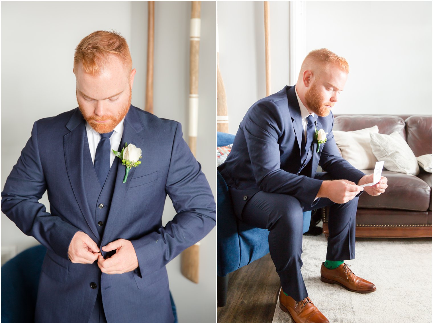 classic groom attire navy suit for Lake Mohawk Country Club wedding day photographed by Idalia Photography