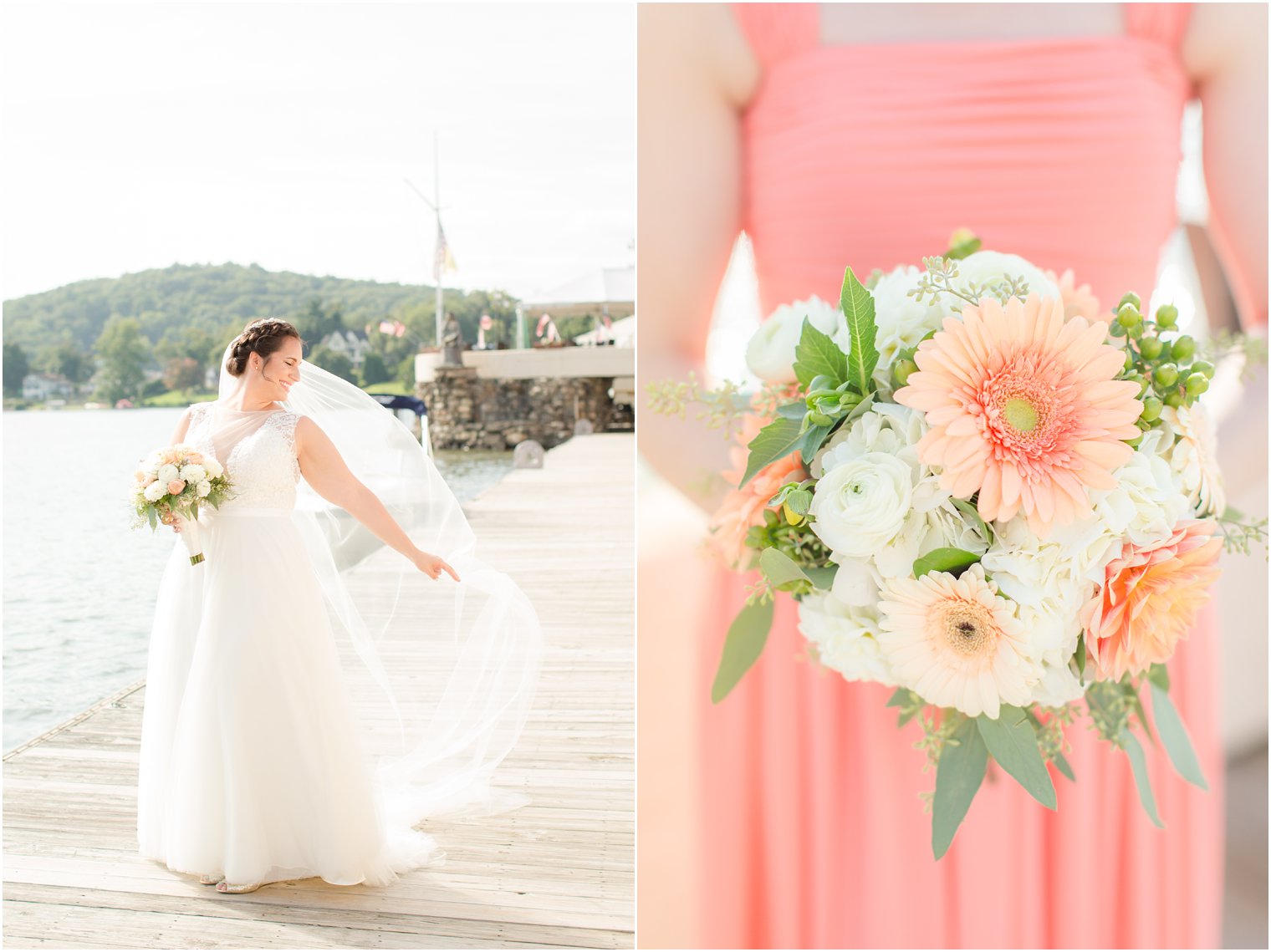 bridal portrait on the dock and coral and ivory wedding bouquet by Entenmann's Florist