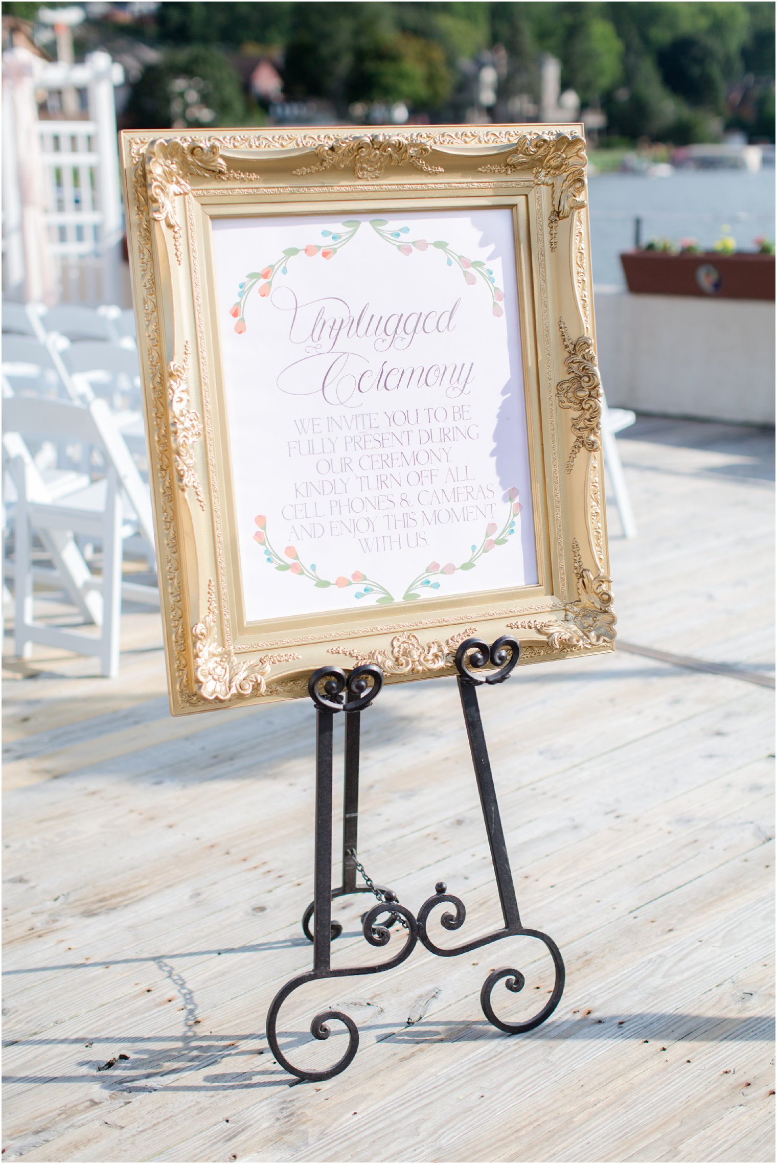 unplugged wedding ceremony sign at Lake Mohawk Country Club