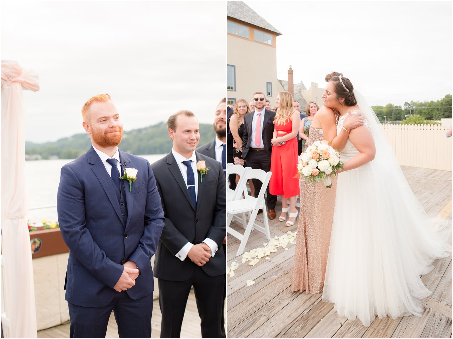 bride walks down the aisle to groom at Lake Mohawk Country Club photographed by Idalia Photography