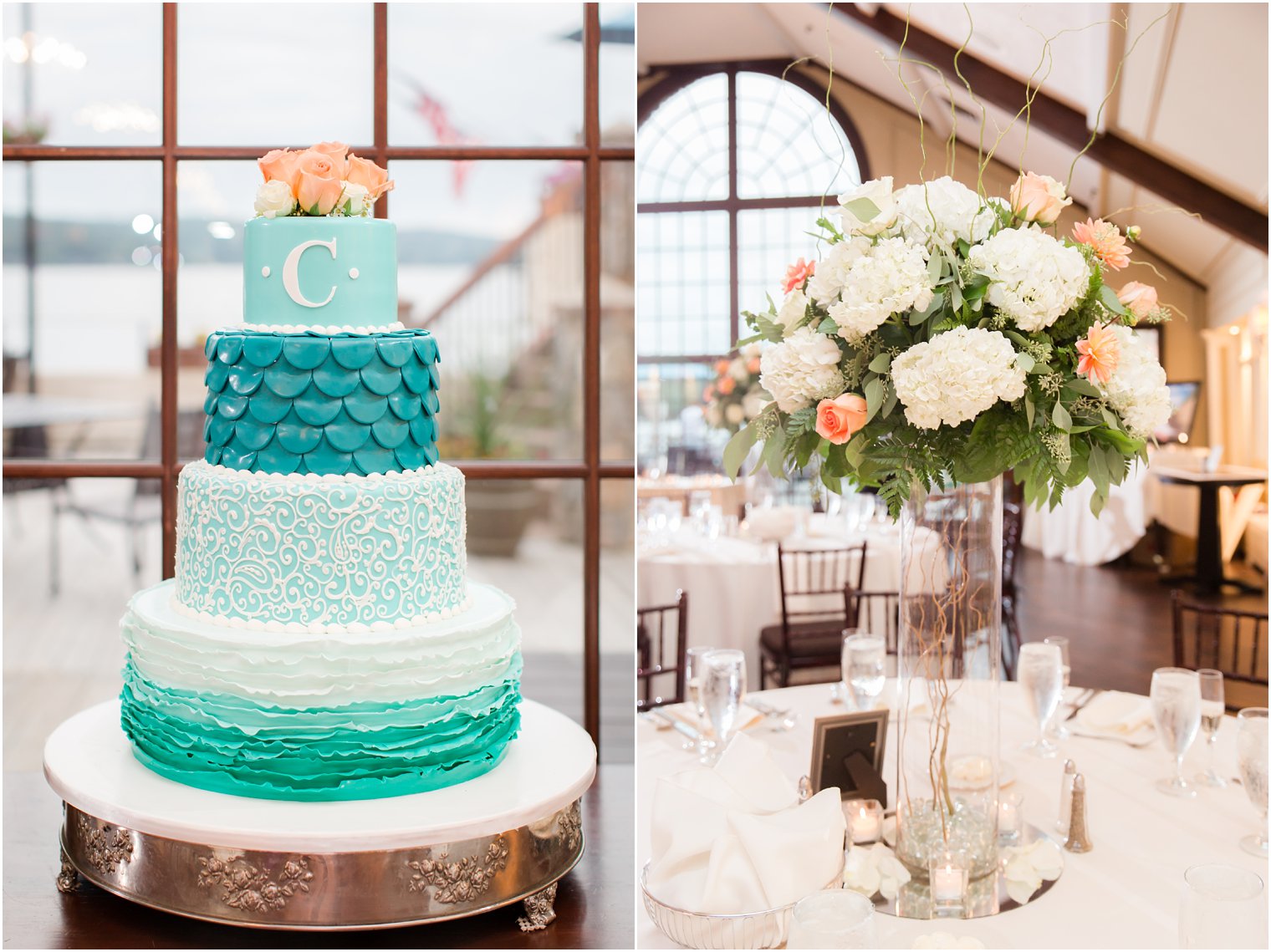Tiered teal and white wedding cake by Carlo's bakery and white and coral centerpieces by Entenmann's Florist 