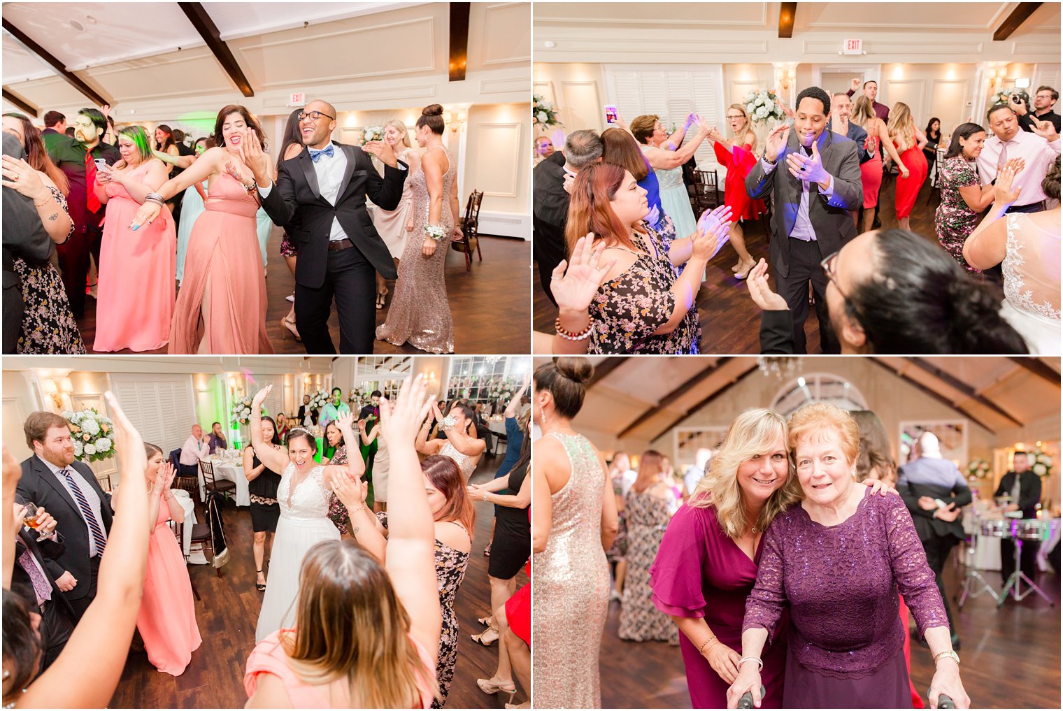 wedding party fun during reception at Lake Mohawk Country Club