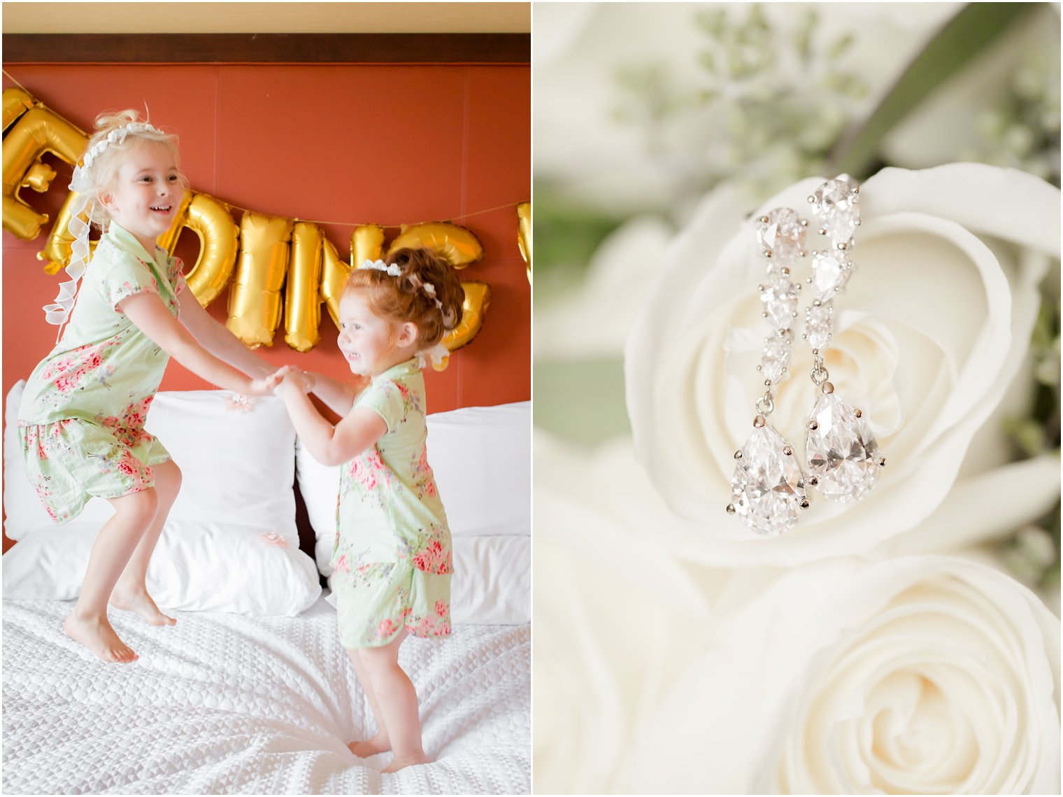 flower girls jumping on the bed with diamond earrings on ivory flowers photographed by Idalia Photography