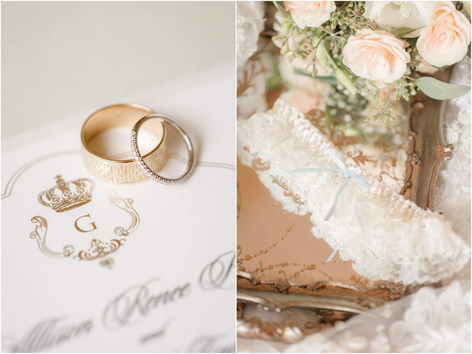 G gold monogram on wedding invitations next to lace garter for Legacy Castle bride photographed by Idalia Photography