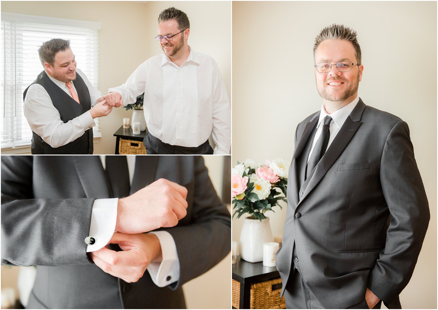 groomsman helps groom get dressed before Legacy Castle wedding day photographed by Idalia Photography