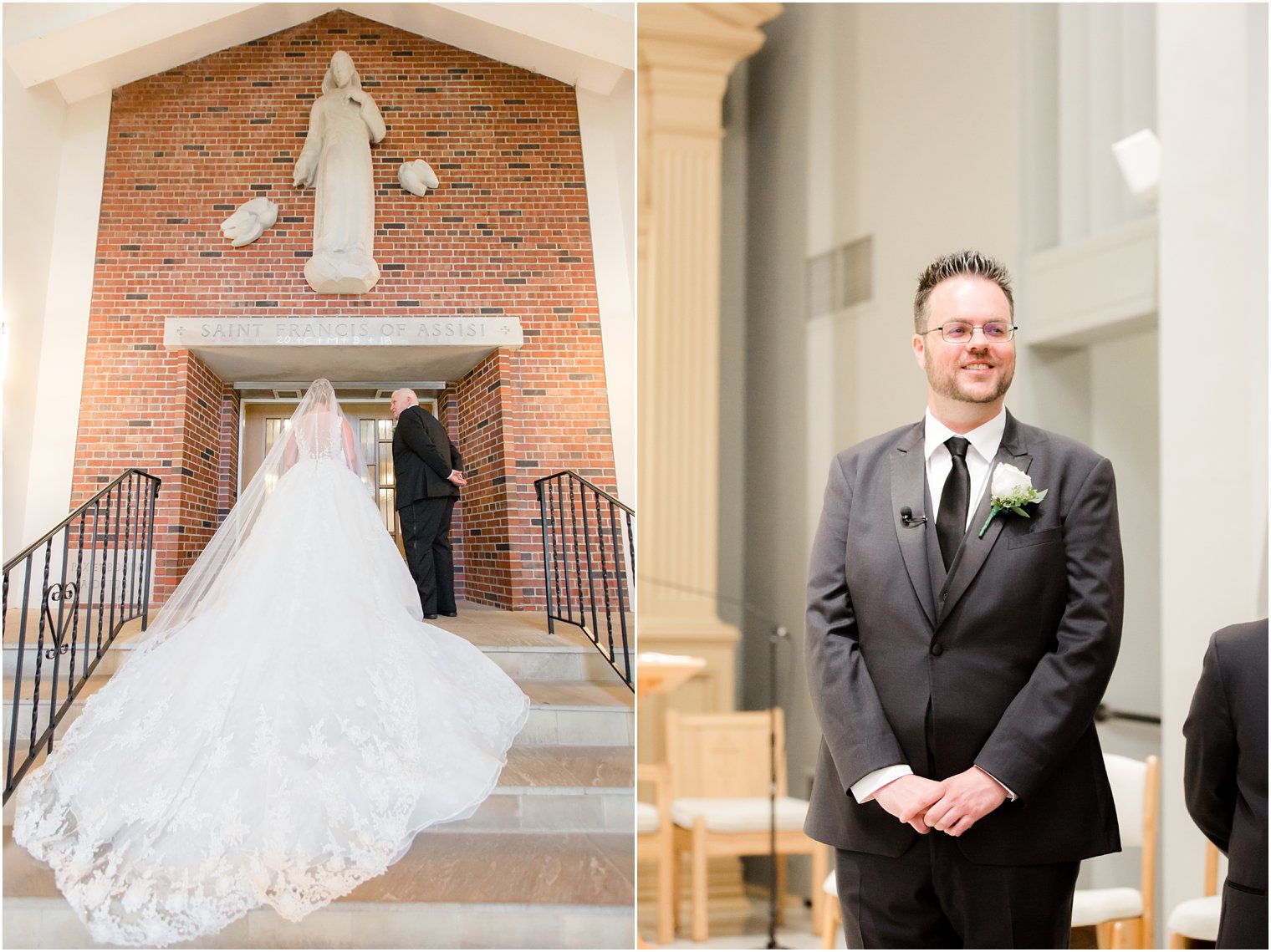 Bride enters Saint Francis of Assisi while groom waits at end of aisle by Idalia Photography