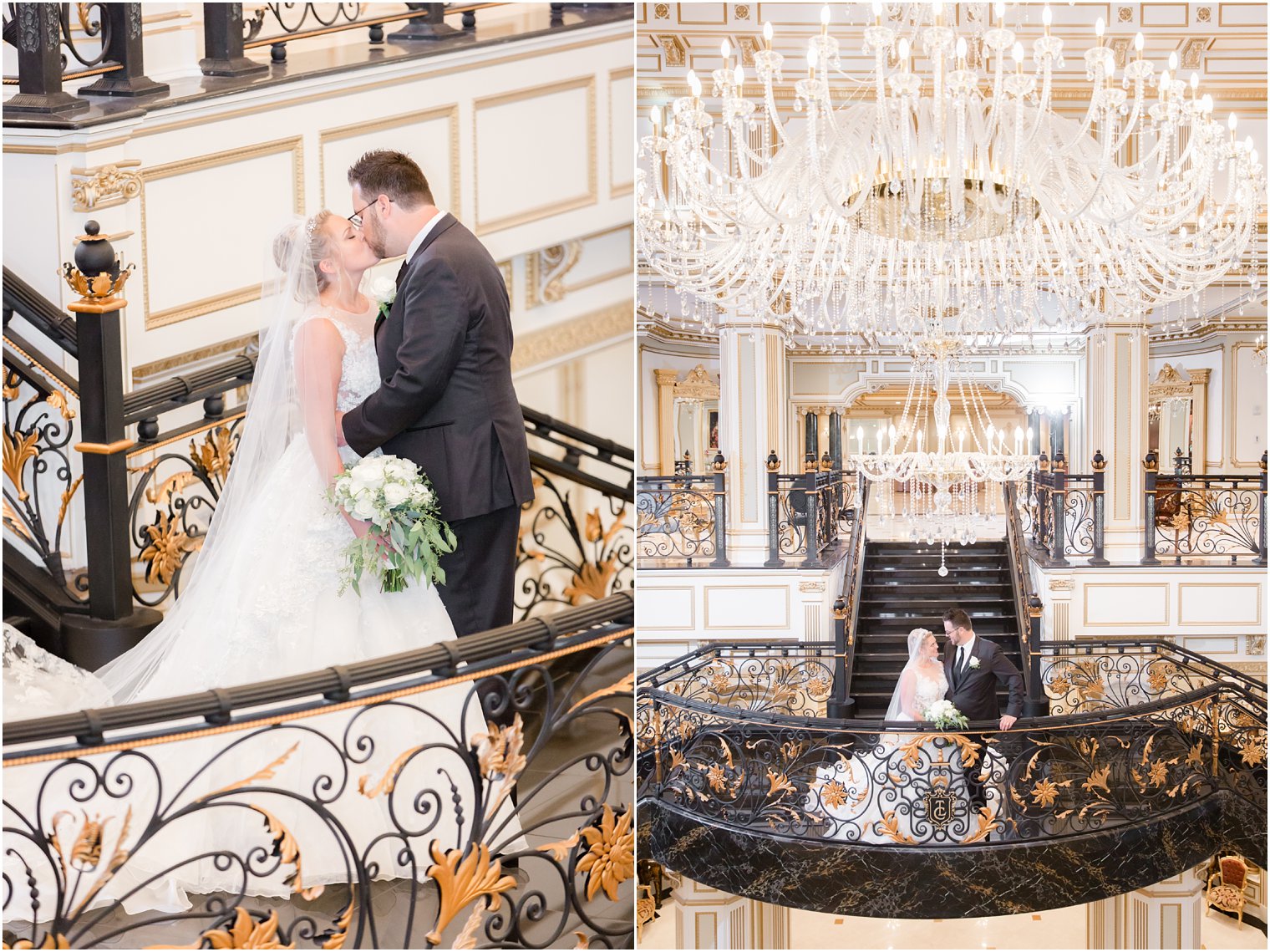bride and groom pose on staircase in Legacy Castle during Pompton Plains NJ wedding day