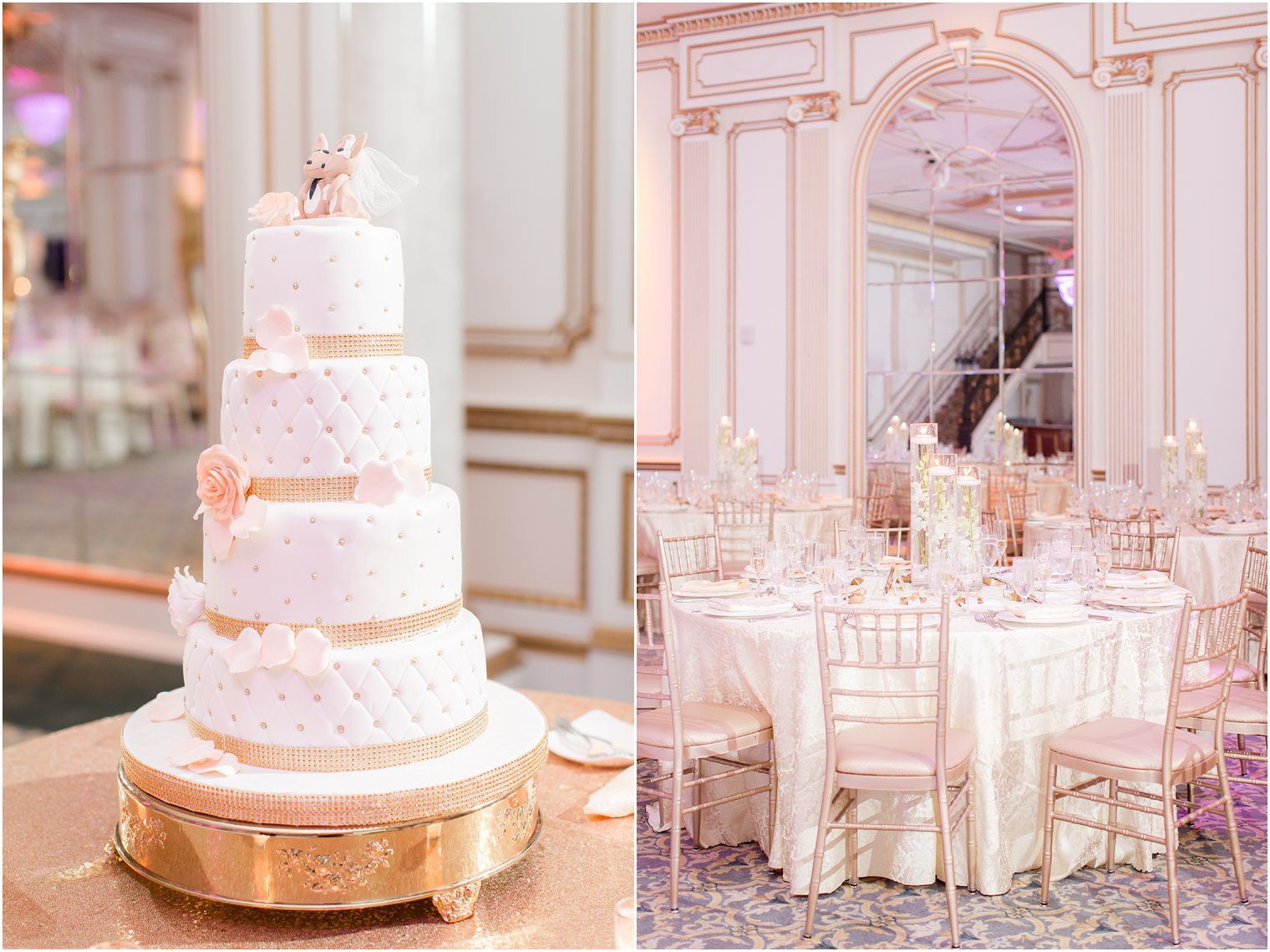 pink, white, and gold reception details at Legacy Castle and white and gold cake by Calandra's Bakery