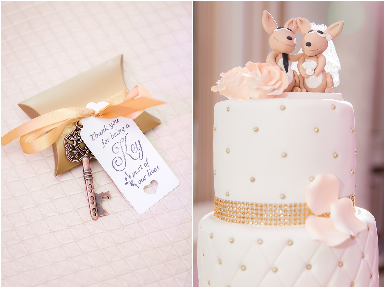 key favor and kangaroo wedding toppers on Calandra's Bakery cake at Legacy Castle 