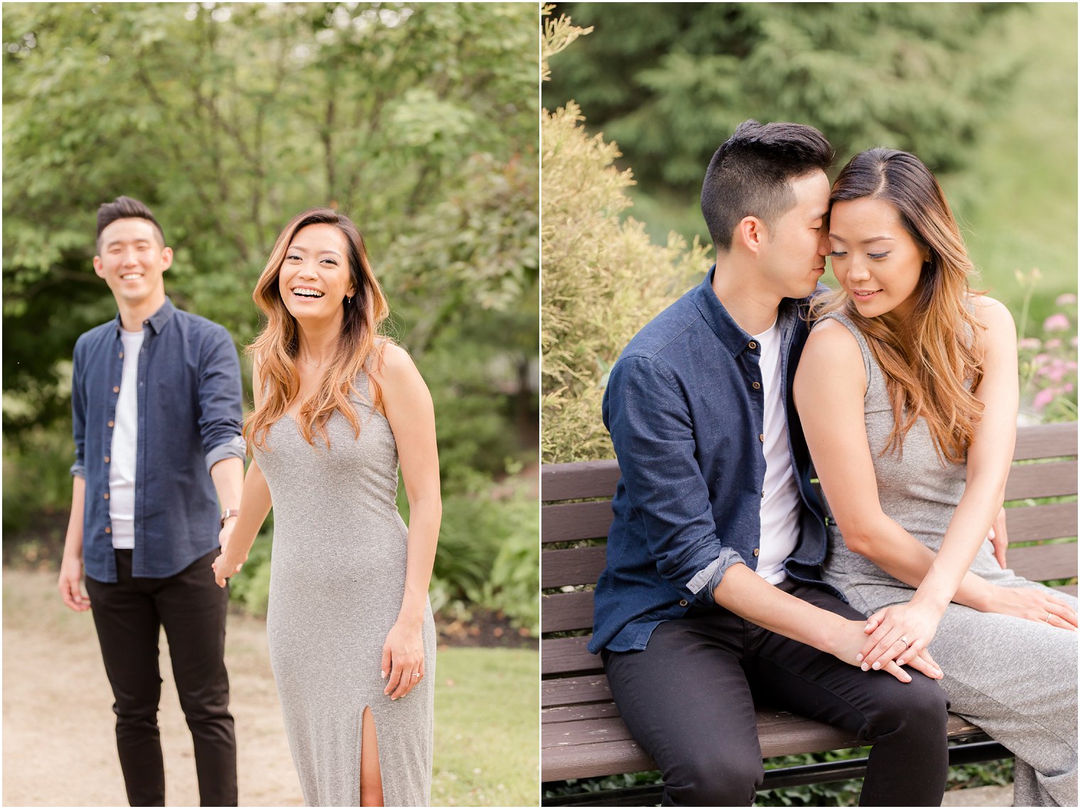 bride and groom pose during engagement session with Idalia Photography