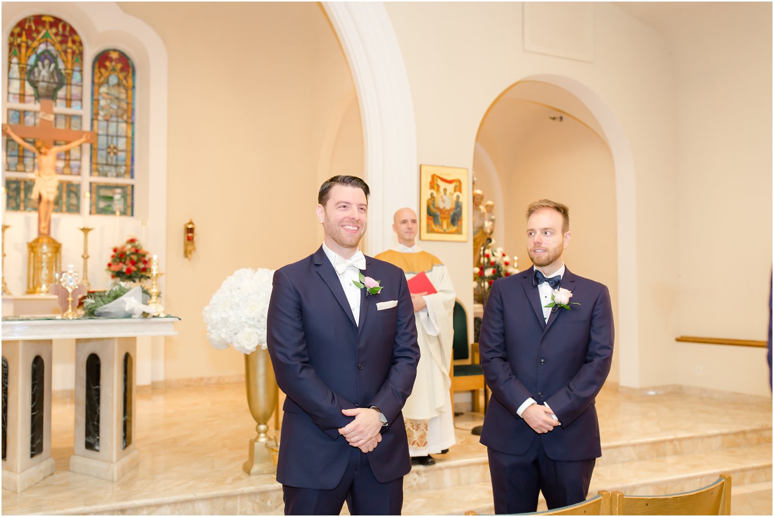 Groom seeing bride for the first time on wedding day