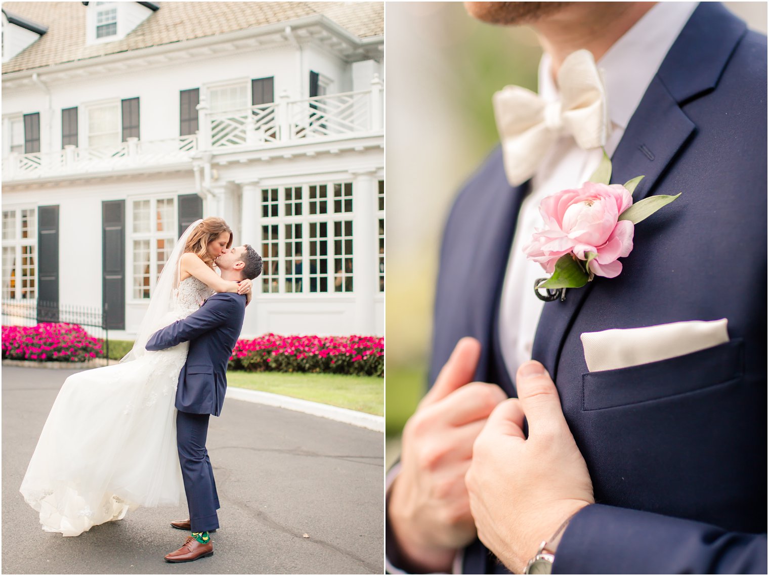 groom wearing pink boutonniere with garden rose