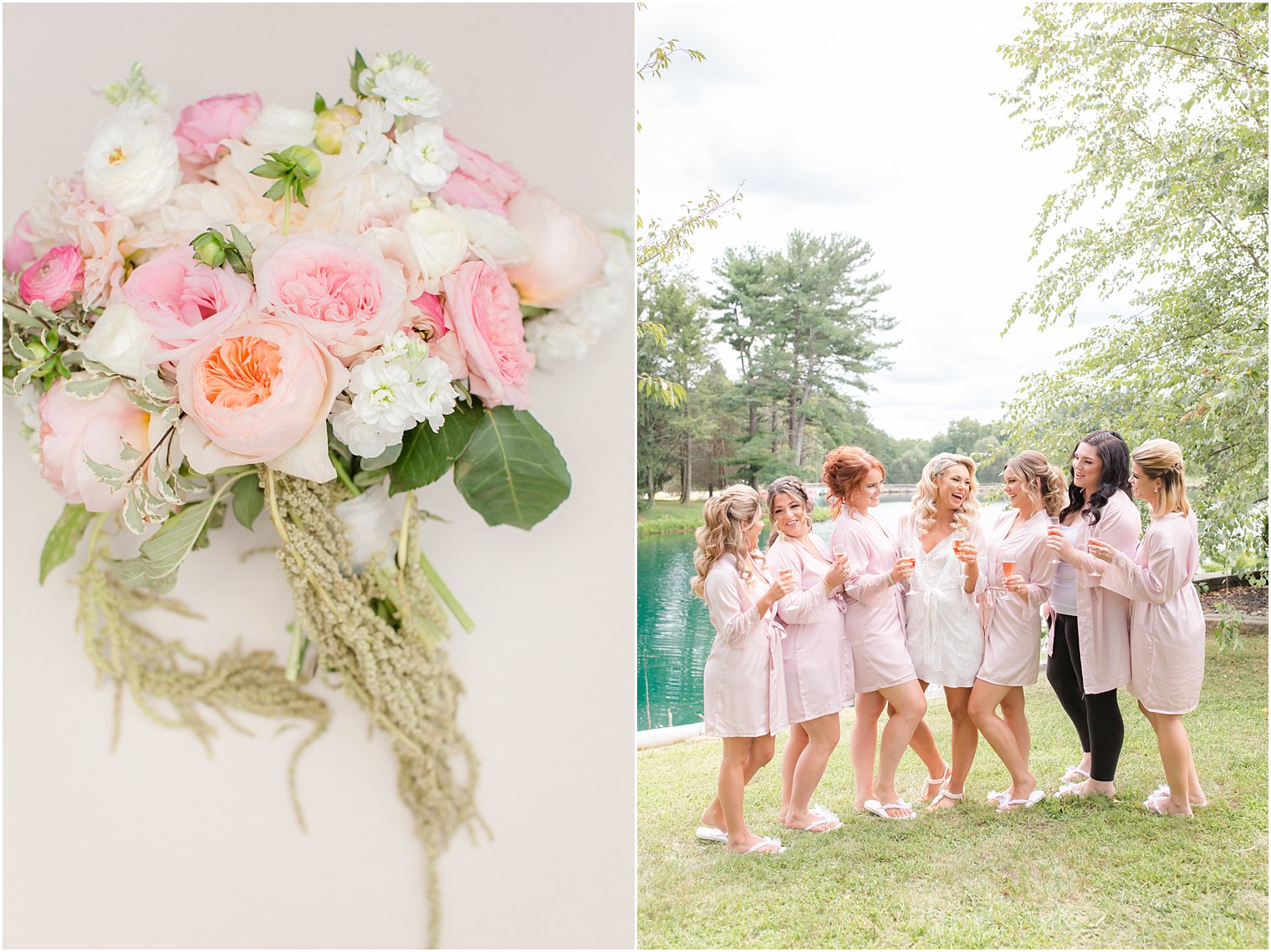 summer wedding bouquet by Peonies to Paintchips and bride getting ready with bridesmaids in pink robes