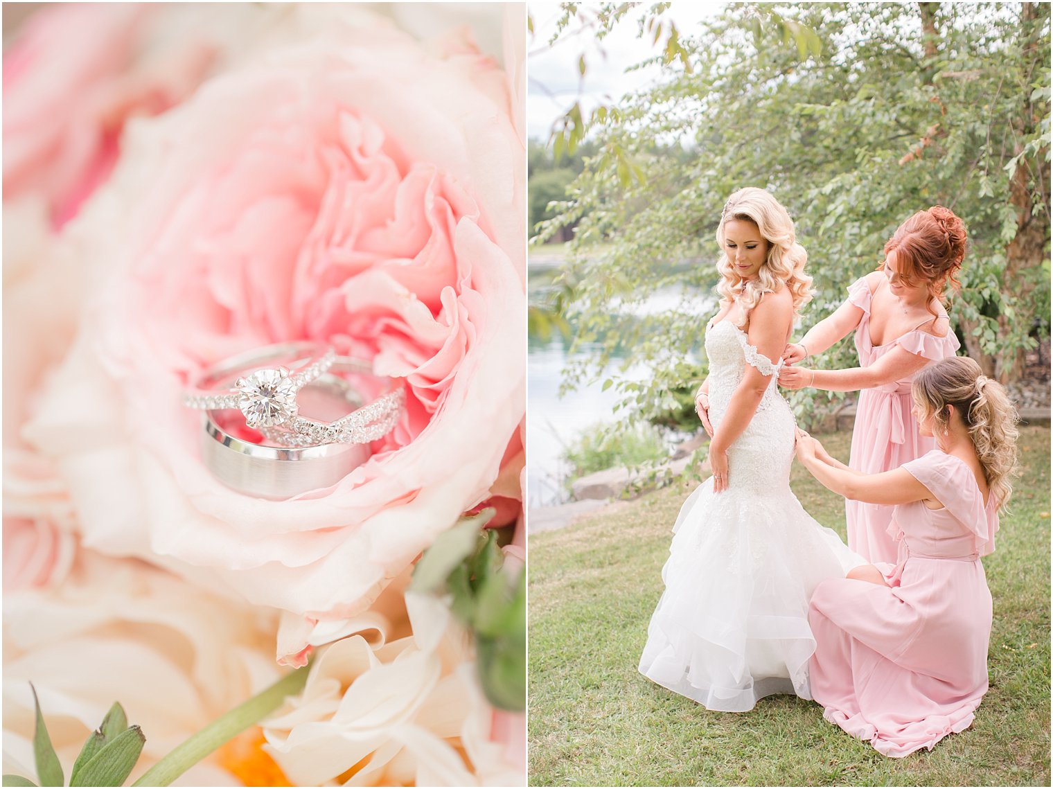 wedding bands on pink peony while bride gets Morilee wedding dress on with bridesmaids