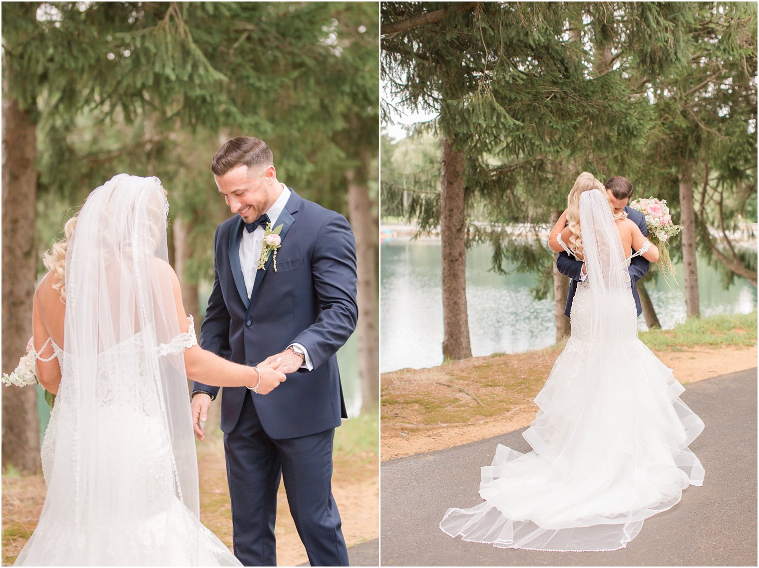 bride and groom embrace before wedding day at Windows on the Water at Frogbridge