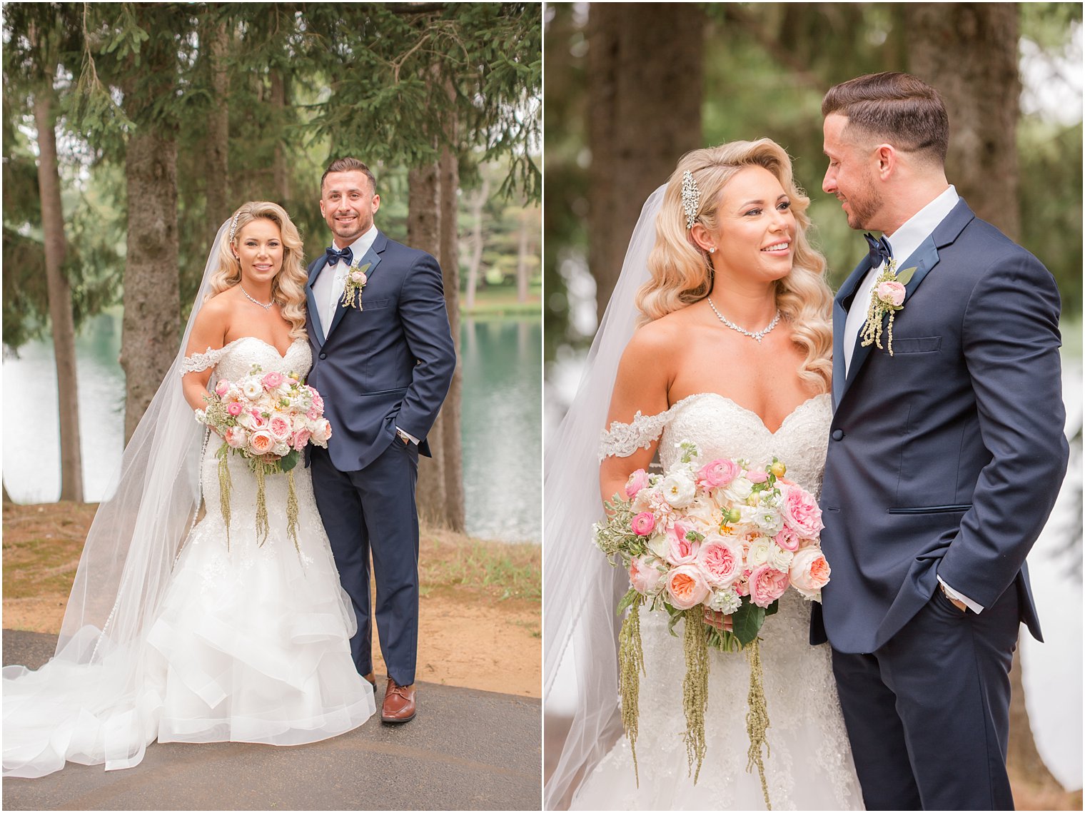 bride and groom wedding portraits with pink and ivory summer bouquet by Peonies to Paintchips