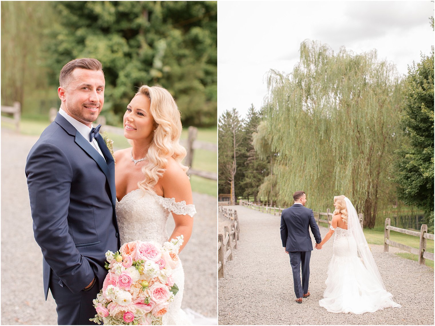 bride and groom walk at Windows on the Water at Frogbridge