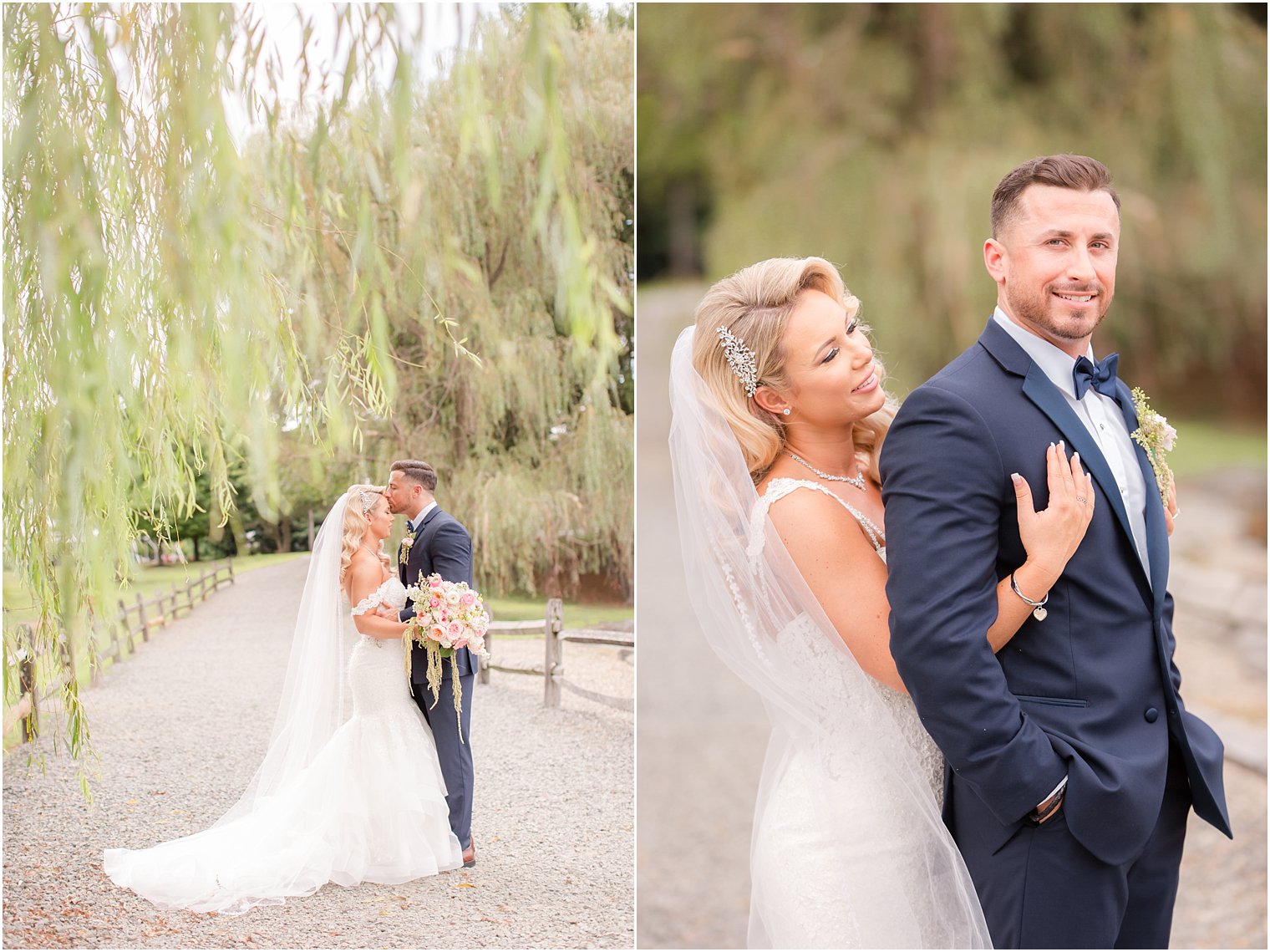 wedding portraits among weeping willow at Windows on the Water at Frogbridge