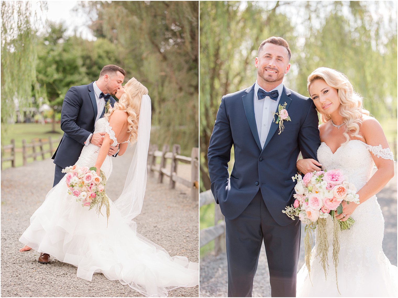 groom kisses bride during portraits at Windows on the Water at Frogbridge