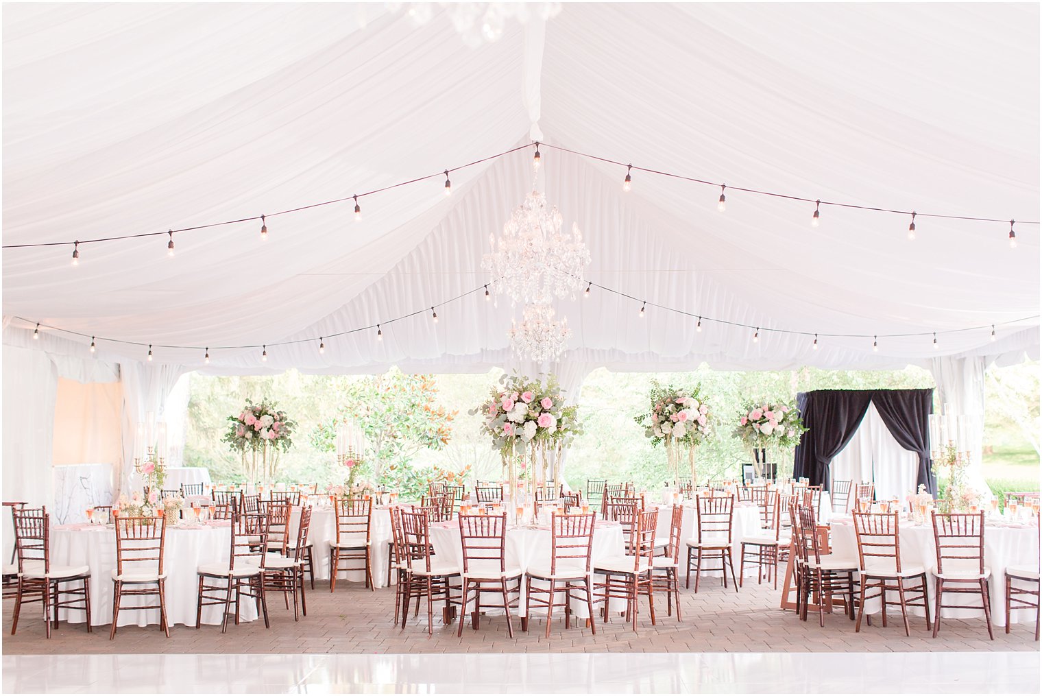 ivory and pink details at tented wedding reception at Windows on the Water at Frogbridge