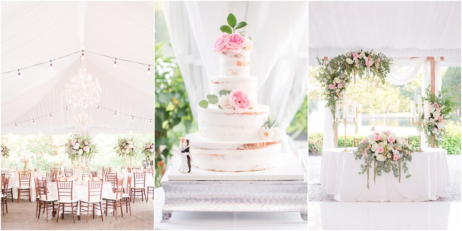 tented wedding reception with wedding cake by Palermo's Bakery at Windows on the Water at Frogbridge