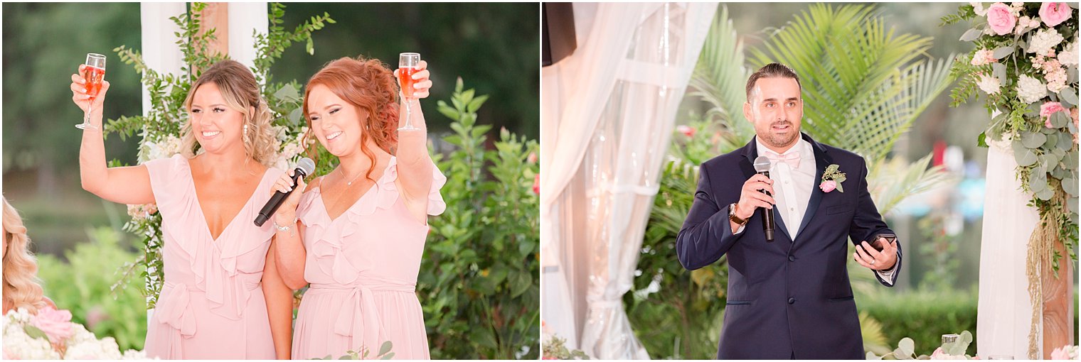 bridesmaids and groomsman give toasts during reception at Windows on the Water at Frogbridge