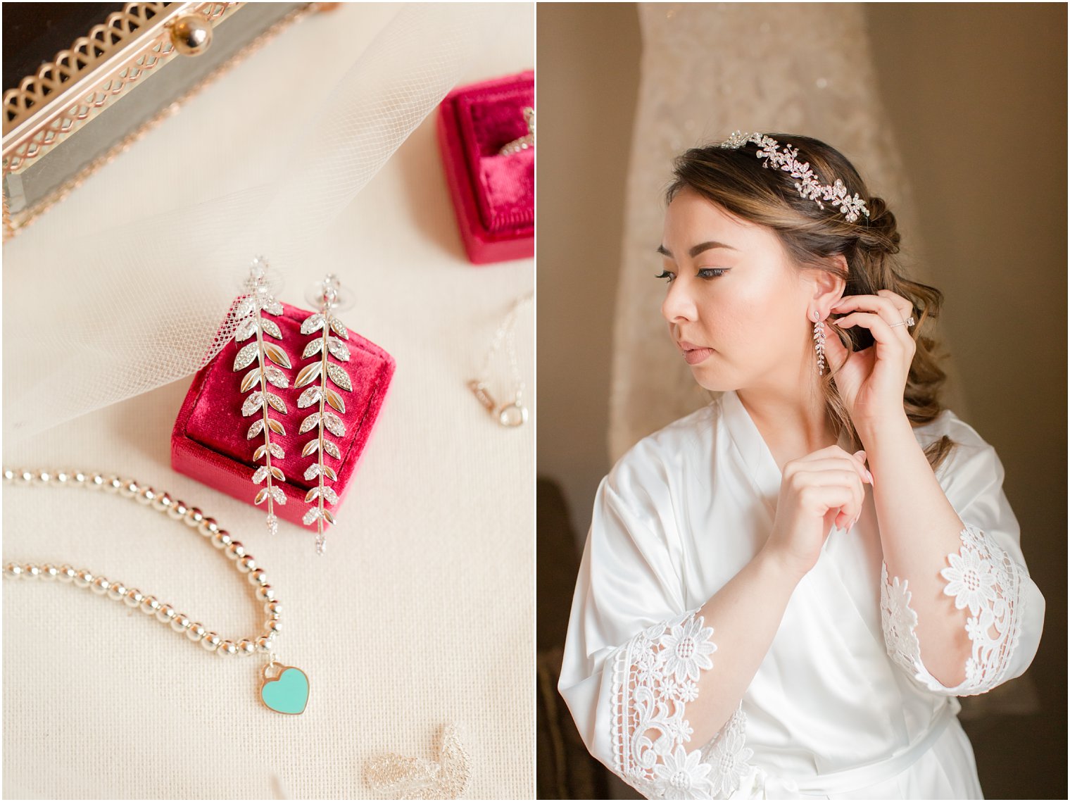 Bride putting on her earrings on her wedding day