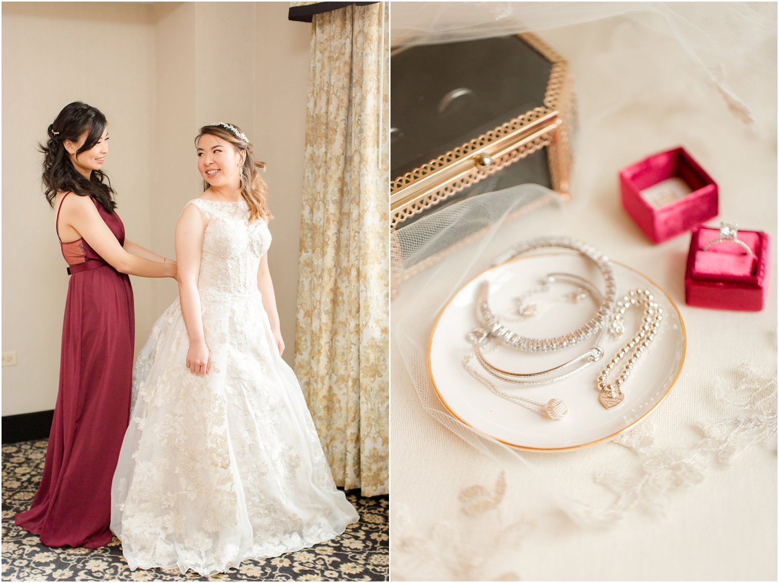 Bride getting ready with her maid of honor at Claridge Hotel