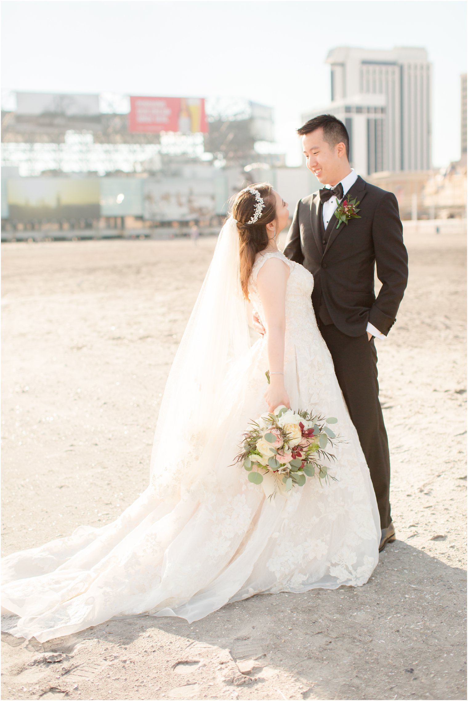 Bride and groom portrait during fall wedding in Atlantic City