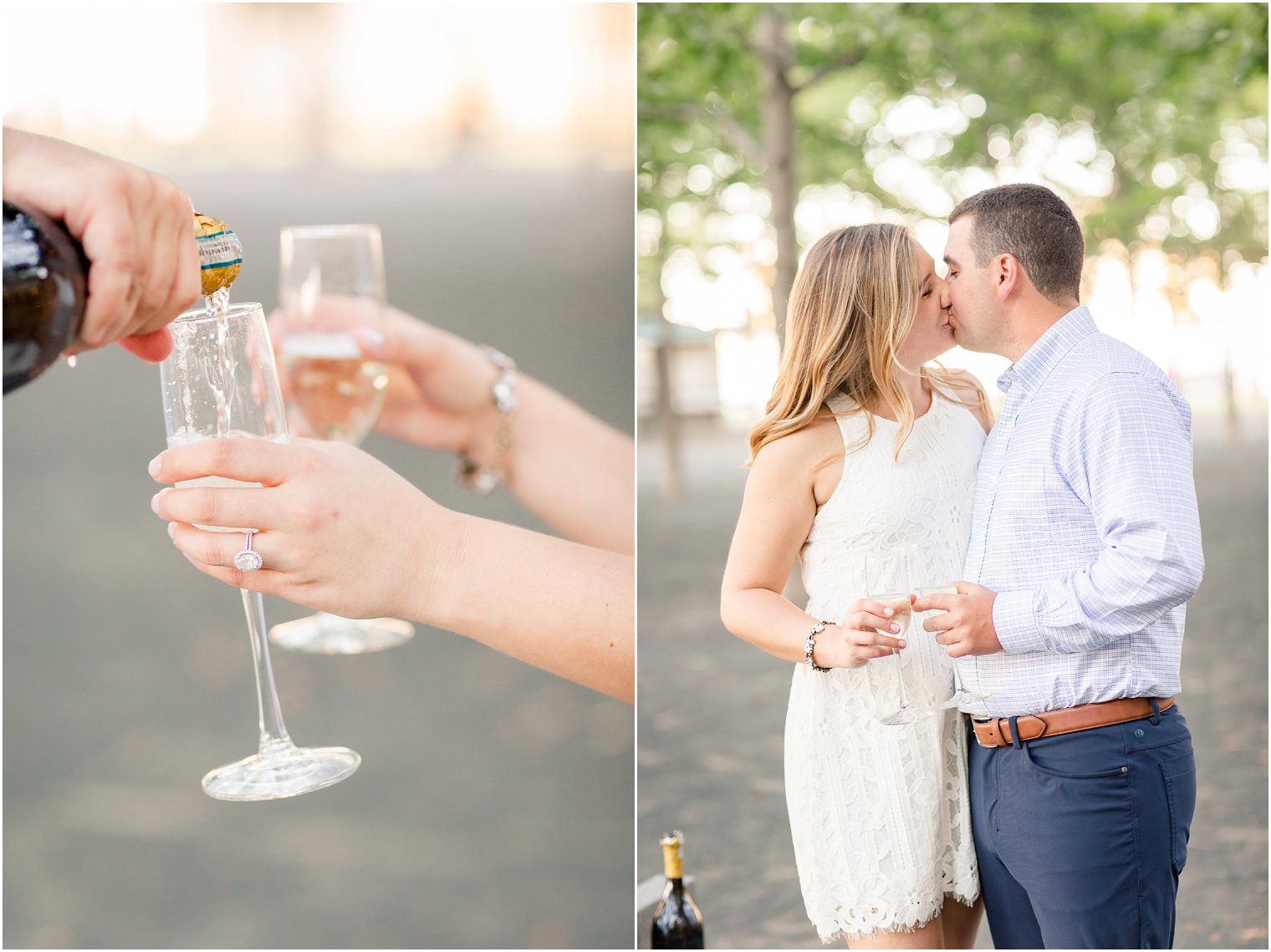 toast during engagement portraits in Hoboken NJ