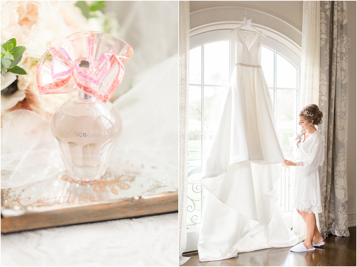 Bride admiring her Justin Alexander wedding gown 