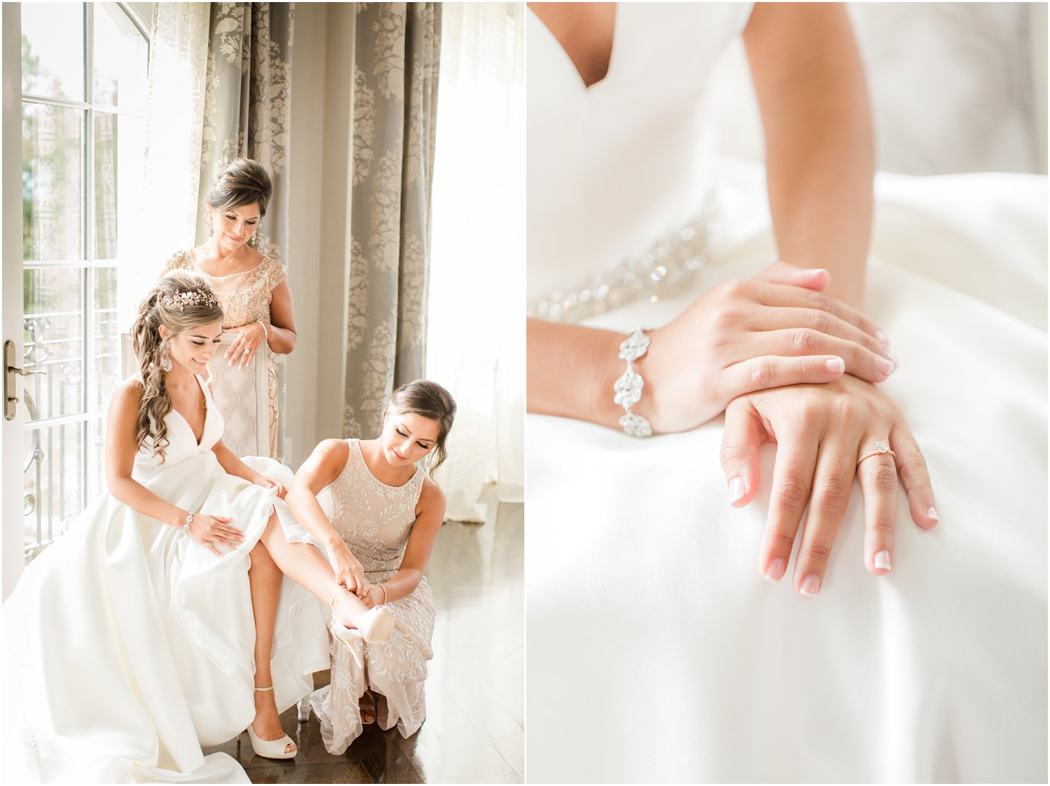 Maid of honor putting on bride's shoes