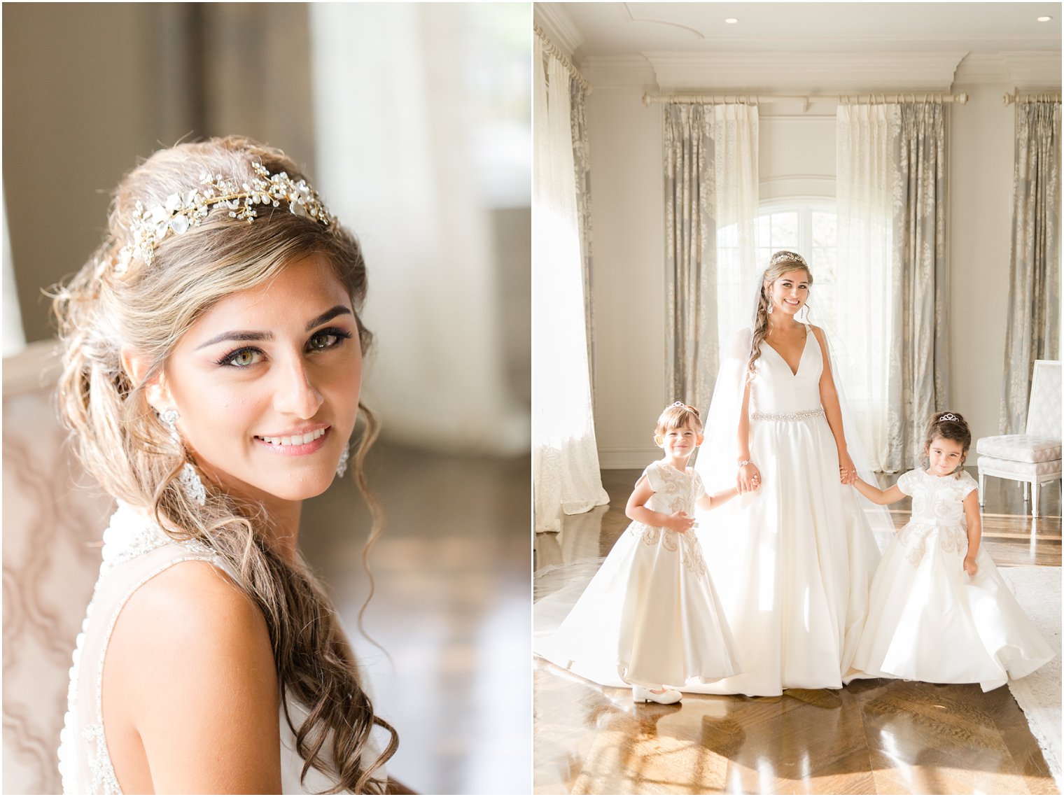 Bridal and flower girls posing for portraits in Park Chateau bridal suite