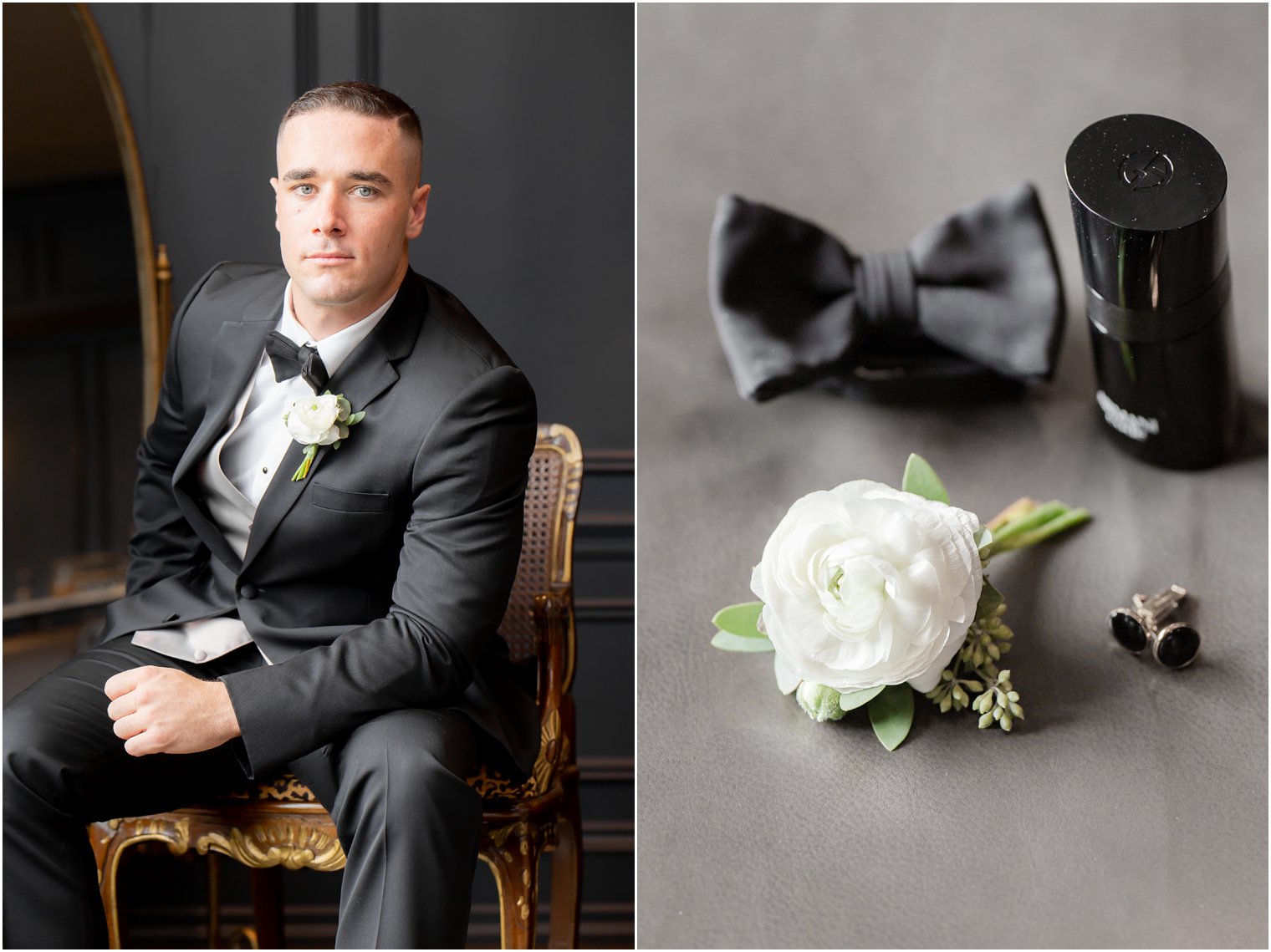 Elegant groom and groom details for a classic black tie wedding
