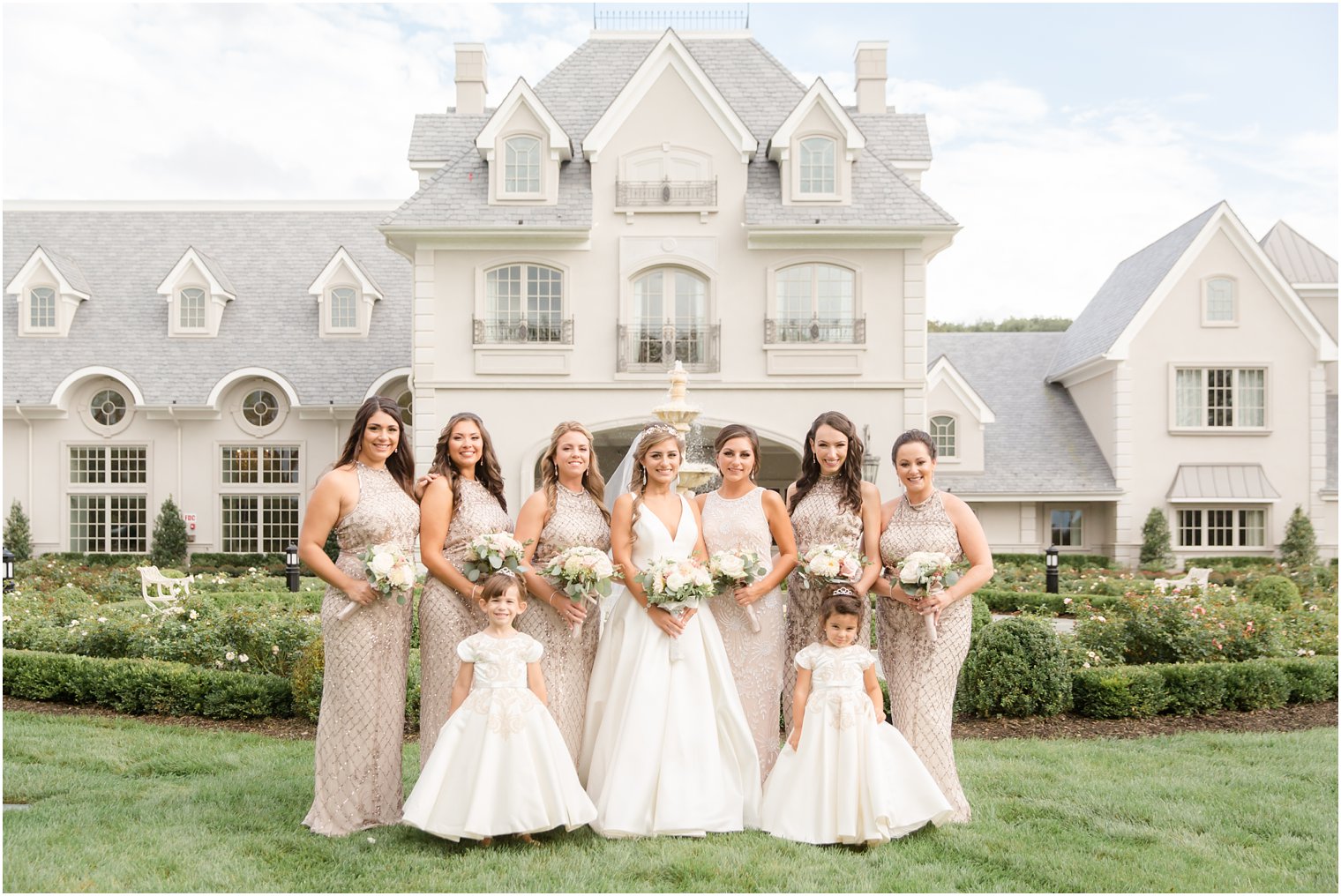 formal portrait of bridesmaids wearing Adrianna Papell dresses