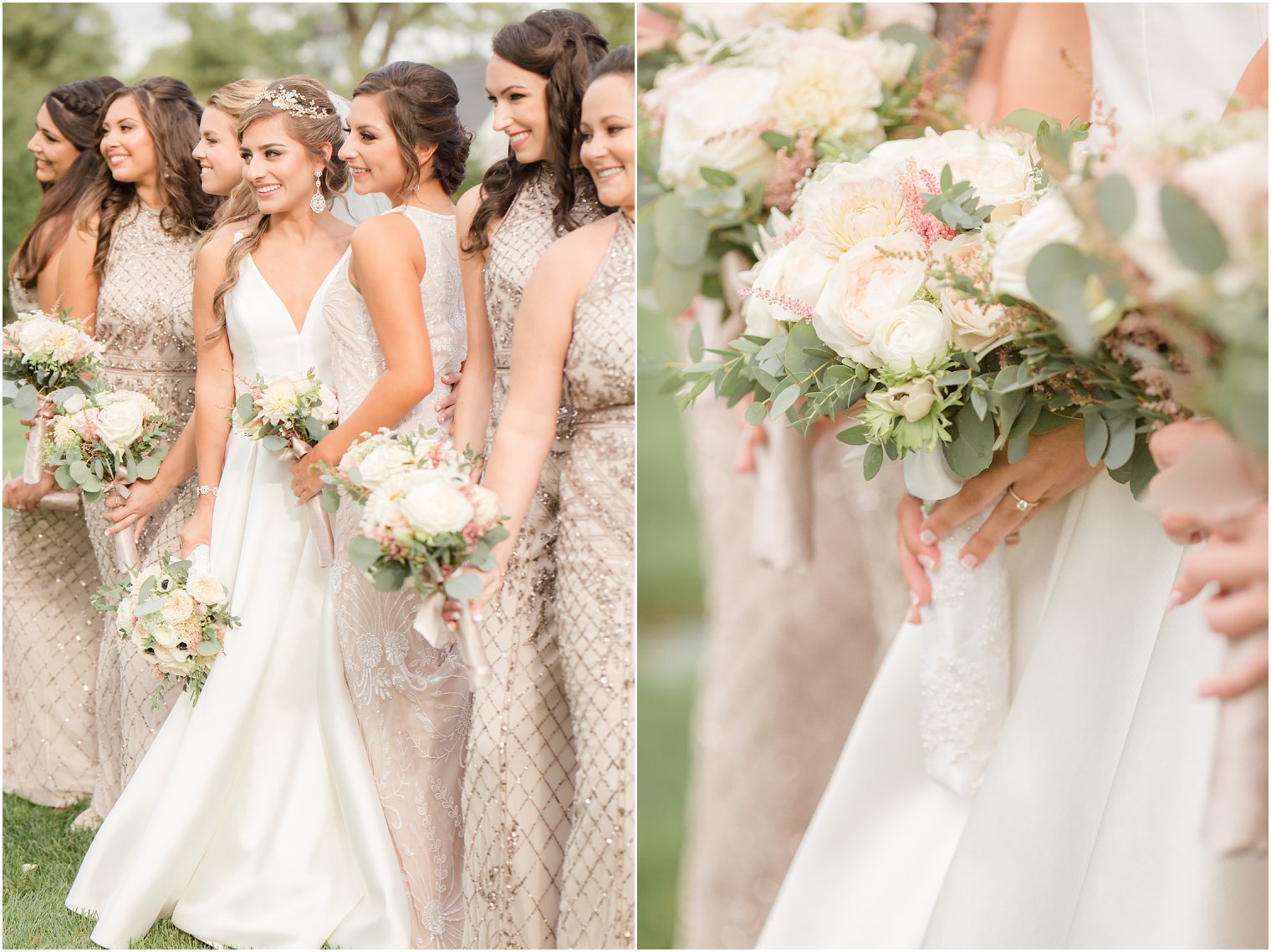 bridesmaids in Adrianna Papell dresses and bride in a Justin Alexander dress.