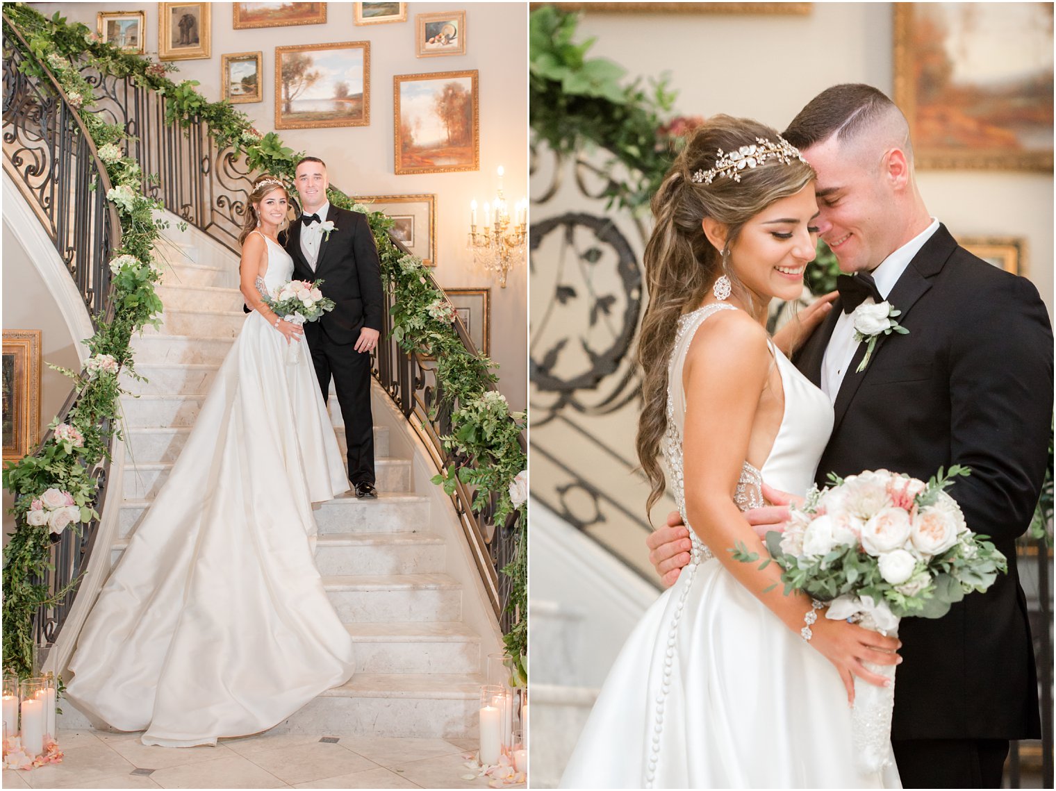 bride and groom take wedding photos on staircase 