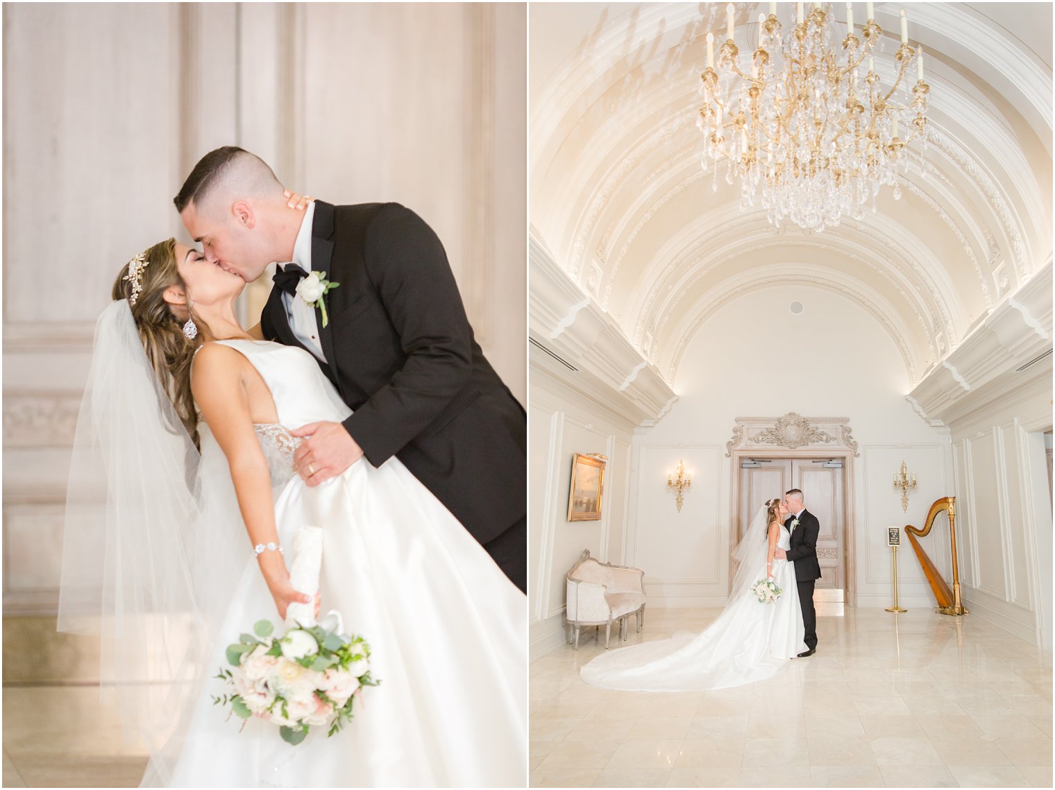 Groom dipping his bride on their wedding day